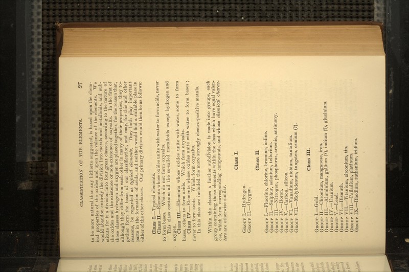 to be more natural than any hitherto suggested, is based upon the chem- ical properties of the oxides and upon the valence of the elements. We would abandon entirely the division into metals and metalloids, and sub- stitute for it a division into four great classes, according to the nature of the oxides and the existence or non-existence of oxysalts. In the first of these classes hydrogen and oxygen are placed together, for the reason that, although they differ from each other in many of their properties, they to- gether form the basis of our classification, and may, for this and other reasons, be regarded as typical elements. They both play important parts in the formation of acids, and neither would find a suitable place in either of the other classes. Our primary division would then be as follows: Class I.—Typical elements. Class II.—Elements whose oxides unite with water to form acids, never to form bases. Which do not form oxysalts. This class contains all the so-called metalloids except hydrogen and oxygen. Class III.—Elements whose oxides unite with water, some to form bases, others to form acids. Which form oxysalts. Class IV.—Elements whose oxides unite with water to form bases mr never to form acids. Which form oxysalts. In this class are included the more strongly electro-positive metals. Within the classes a further subdivision is made into groups, each group containing those elements within the class which have equal valen~ ces, which form corresponding compounds, and whose chemical charac~ ters are otherwise similar. GROUP I.—Hydrogen. GROUP II.—Oxygen. Class I. Class H. GROUP I.—Fluorine, chlorine, bromine, iodine. GROUP II.—Sulphur, selenium, tellurium. GROUP III.—Nitrogen, phosphorus, arsenic, antimony. GROUP IV.—Boron. GROUP V.—Carbon, silicon. GROUP VI.—Vanadium, niobium, tantalium. GROUP VII.—Molybdenum, tungsten, osmium (?). Class III. GROUP I.—Gold. GROUP II.—Chromium, manganese, iron. GROUP III.—Aluminium, gallium (?), indium (?), glucinium. GROUP IV.—Uranium. GROUP V.—Lead. GROUP VI.—Bismuth. GROUP VII.—Titanium, zirconium, tin. GROUP VIII.—Palladium, platinum. GROUP IX.—Rhodium, ruthenium, iridium.