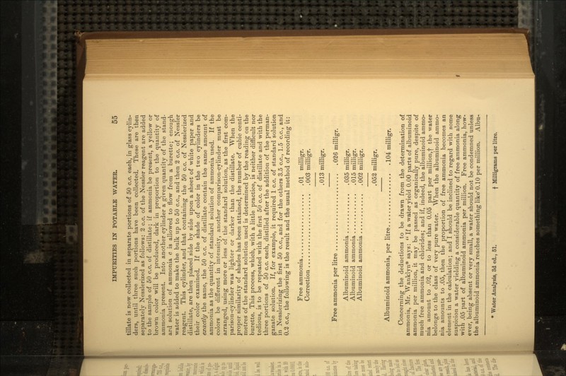 tillate is now collected in separate portions of 50 c.c. each, in glass cylin- ders, until three such portions have been collected. These are then separately Nesslerized as follows: 2 c.c. of the Nessler reagent are added to the sample of 50 c.c. of distillate; if ammonia be present, a yellow or brown color will be produced, dark in proportion to the quantity of ammonia present. Into another cylinder a given quantity of the stand- ard solution of ammonia c is allowed to flow from a burette; enough water is added to make the bulk up to 50 c.c., and then 2 c.c. of Nessler reagent. This cylinder, and that containing the 50 c.c. of Nesslerized distillate, are then placed side by side upon a sheet of white paper and their color examined. If the shade of color in the two cylinders be exactly the same, the 50 c.c. of distillate contain the same amount of ammonia as the quantity of standard solution of ammonia used. If the colors be different in intensity, another comparison-cylinder must be arranged, using more or less of the standard solution, as the first com- parison-cylinder was lighter or darker than the distillate. When the proper similarity of shades has been attained, the number of cubic centi- metres of the standard solution used is determined by the reading on the burette. This process, which, with a little practice, is neither difficult nor tedious, is to be repeated with the first 50 c.c. of distillate and with the three portions of 50 c.c. each, distilled after the addition of the perman- ganate solution. If, for example, it required 1 c.c. of standard solution in Nesslerizing the first 50 c.c., and for the others 3.5 c.c., 1.5 c.c., and 0.2 c.c., the following is the result and the usual method of recording it: Free ammonia 01 milligr. Correction 003 milligr. .013 milligr. Free ammonia per litre 026 milligr. Albuminoid ammonia 035 milligr. Albuminoid ammonia 015 milligr. Albuminoid ammonia 002 milligr. .052 milligr. Albuminoid ammonia, per litre 104 milligr. Concerning the deductions to be drawn from the determination of ammonia, Mr. Wanklyn* says:  If a water yield 0.00 parts of albuminoid ammonia per million, it may be passed as organically pure, despite of much free ammonia and chlorides; and if, indeed, the albuminoid ammo- nia amount to .02, or to less than 0.05 part per million,f the water belongs to the class of very pure water. When the albuminoid ammo- nia amounts to .05, then the proportion of free ammonia becomes an element in the calculation; and I should be inclined to regard with some suspicion a water yielding a considerable quantity of free ammonia along with .05 part of albuminoid ammonia per million. Free ammonia, how- ever, being absent or very small, a water should not be condemned unless the albuminoid ammonia reaches something like* 0.10 per million. Albu- * Water Analysis, 3d ed., 51. f Milligrams per litre.