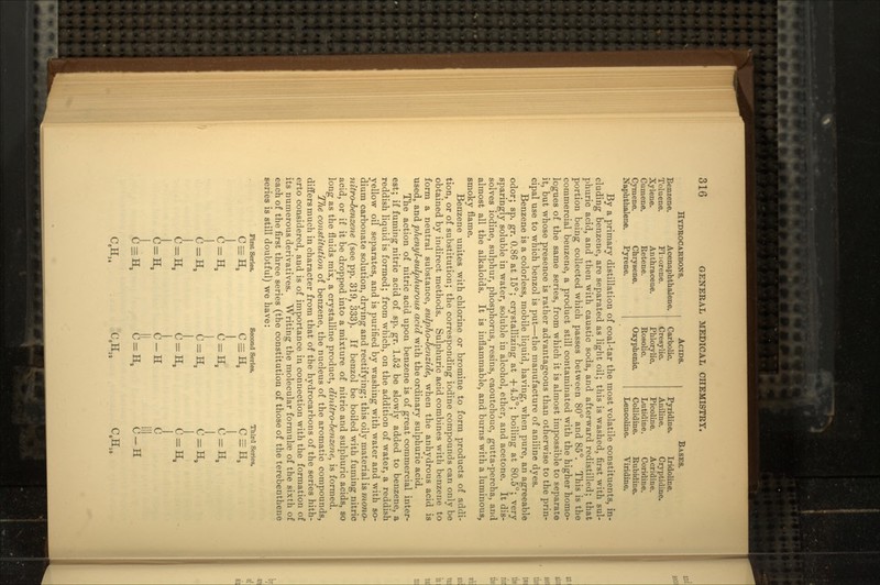 HYDROCARBONS. Benzene. Acenaphthaleiie. Toluene. Xylene. Cumene. Cymene. Naphthalene. Fl-iorene. Anthracene. Retene. Chrysene. Pyrene. ACIDS. Carbolic. Cresylic. Phlorylic. Rosolic. Oxyphenic. BASES. Pyridine. Iridoline. Aniline. Cryptidine. Picoline. Acridine. Lutidine. Collidine. Leucoline. Coridine. Rubidine. Viridine. By a primary distillation of coal-tar the most volatile constituents, in- cluding benzene, are separated as light oil; this is washed, first with sul- phuric acid, and then with caustic soda, and afterward redistilled; that portion being collected which passes between 80° and 85°. This is the commercial benzene, a product still contaminated with the higher homo- logues of the same series, from which it is almost impossible to separate it, but whose presence is rather advantageous than otherwise to the prin- cipal use to which benzol is put—the manufacture of aniline dyes. Benzene is a colorless, mobile liquid, having, when pure, an agreeable odor; sp. gr. 0.86 at 15°; crystallizing at -)-4.50; boiling at 80.5°; very sparingly soluble in water, soluble in alcohol, ether, and acetone. It dis- solves iodine, sulphur, phosphorus, resins, caoutchouc, gutta-percha, and almost all the alkaloids. It is inflammable, and burns with a luminous, smoky flame. Benzene unites with chlorine or bromine to form products of addi- tion, or of substitution; the corresponding iodine compounds can only be obtained by indirect methods. Sulphuric acid combines with benzene to form a neutral substance, sulpho-benzide, when the anhydrous acid is used, and phenyl-sulpkurous acid with the ordinary sulphuric acid. The action of nitric acid upon benzene is of great commercial inter- est; if fuming nitric acid of sp. gr. 1.52 be slowly added to benzene, a reddish liquid is formed; from which, on the addition of water, a reddish yellow oil separates, and is purified by washing with water and with so- dium carbonate solution, drying and rectifying; this oily material is mono- nitro-benzene (see pp. 319, 333). If benzol be boiled with fuming nitric acid, or if it be dropped into a mixture of nitric and sulphuric acids, so long as the fluids mix, a crystalline product, dinitro-benzene, is formed. TJie constitution of benzene, the nucleus of the aromatic compounds, differs much in character from that of the hydrocarbons of the series hith- erto considered, and is of importance in connection with the formation of its numerous derivatives. Writing the molecular formula of the sixth of each of the first three series (the constitution of those of the terebenthene series is still doubtful) we have: First Series. 0,H, C = H, C = H, 0-H. C = H Second Series. ..« O-H. O-H C-H Third Series. H r CH