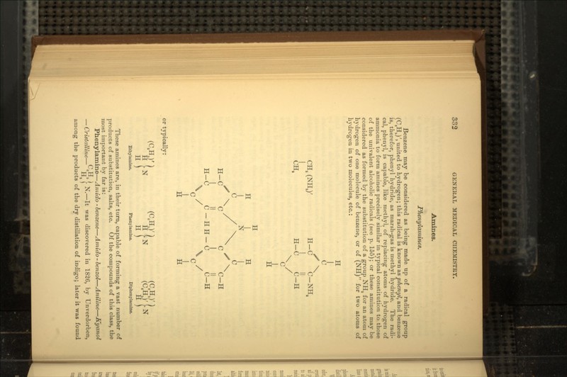 Amines. Phenylaminea. Benzene may be considered as being made up of a radical group (CeHJ', united to hydrogen; this radical is known as phenyl, and benzene is, therefor, phenyl hydride, as marsh-gas is methyl hydride. The radi- cal, phenyl, is capable, like methyl, of replacing atoms of hydrogen of ammonia to form amines precisely similar in typical constitution to those of the univalent alcoholic radicals (see p. 155); or these amines may be considered as formed by the substitution of a group NHa for an atom of hydrogen of one molecule of benzene, or of (NH) for two atoms of hydrogen in two molecules, etc.: H X \ CH, (NH,)' H-C C-NH, I I H CH, H-C C-H V H H H 1 N 0 / \ i  X \ / \ . X \ H-C C C C-H 1 II 1 H H- -C C - H H - C C-H \ / \ / C C or typically: (C-Hil' H ) H ) H Ethylamine. Phenylamine. Diphenylamine. These amines are, in their turn, capable of forming a vast number of products of substitution, salts, etc. Of the compounds of this class, the most important by far is: Phenylamine—Amido - benzene—Amido - benzol—Aniline—Kyanol f IT J — Cristattine— TT* r N.—It was discovered in 1826, by Unverdorben, among the products of the dry distillation of indigo; later it was found