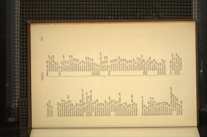 Cyanogen, 338 Cymene, 296, 318 Cymol, 318 DAHLININ, 314 Daturine, 359 Decomposition, 18 Deliquescence, 40 Deoxidation, 34 Dextrin, 170, 311, 313 Dextrogyrous, 32 Dextrose, 299 Diallyl, 221 Diamines, 255 Diamond, 141 Diastase, 170, 299 Dibromomethyl bromide, 166 iodide, 167 Dichlorethyl chloride, 167 Dichloromethane, 163 Dichlormethyl chloride, 164 iodide, 167 Dicyanogen, 338 Diethylamine, 206 Diethylia, 206 Eigitalein, 343 Digitalin, 342 Digitaliretin, 343 Digitalose, 343 Dimethyl amine, 206 benzene, 318 carbinol, 178 Dimethylia, 206 Dimorphism, 30 Diiodomethyl iodide, 166 Disocryl, 224 Divisibility, 6 Duboisine, 359 Dulcite, 298 Dulcose, 298 Dutch liquid, 229, 230 Dynamite, 279 Dyslysin, 212 EFFLORESCENCE, 38 Elastin, 367 Elayl, 229 Eleoptenes, 295 Electro-negative, 18 Electro-positive, 18 Elements, 7, 12 Emetine, 855 Emulsion, 342 Equations, 16 Equivalents, 9 Erythrine, 289 Erythrite, 289 Eserine, 359 Essence of bitter almonds, 319 of chamomile, 226 of mirbane, 319 Essences, 198, 292 Etching, 69 Ethal, 180, 19» Ethene, 229, 287 chlorhydrate, 230 chlorhydriu, 230 chloride, 229, 230 glycol, 231 oxide, 231 Ether, 181 acetic, 197 amyl nitrous, 199 ethylic, 181 formic, 197 hydrobromic, 162 hydrochloric, 162 hydriodic, 162 methylic, 180 muriatic, 162 nitric, 194 nitrous, 195 oxalic, 198 phosphoric, 195 pyroacetic, 204 sulphuric, 181 Etherification, 181 Etherine, 197 Etherol, 197 Ethers, 152 . compound, 153, 194 haloid, 150 mixed, 153, 188 simple, 152, 180 Ethyl. 149 acetate, 197 borates, 195 bromide, 162 carbinol, 178 carbonates, 198 chloride, 162 fonniate, 197 hydrate, 169 iodide. 162 nitrate, 194 nitrite, 195 oxalates, 198 oxide, 181 sulphates, 196 sulphide, 218 sulphydrate, 218 Ethylamine, 206 Ethylene, 229 alcohol, 231 bichloride, 230 glycol, 231 hydrate, 231 oxide, 231 Ethylia, 206 Eucalin, 306 Eucalyptene, 297 Eucalyptol, 297 FATS, 279, 283 phosphorized, 286 Fermentation, 170 Ferments, animal, 368 Ferric acetates, 380 bromide, 379