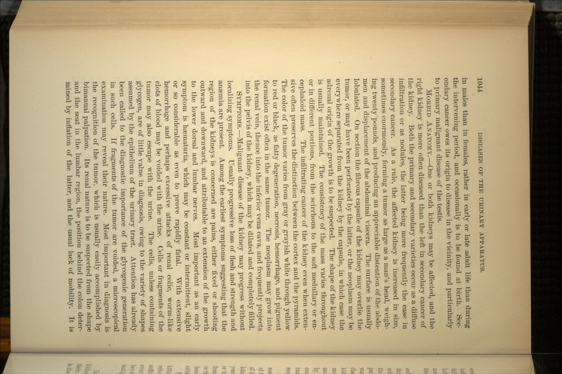 in males than in females, rather in early or late adult life than during the intervening period, and occasionally is to be found at birth. Sec- ondary cancer owes its origin to disease in the vicinity, and particularly to primary malignant disease of the testis. MORBID ANATOMY.—One or both kidneys may be affected, and the right kidney is more often diseased than the left in secondary cancer of the kidney. Both the primary and secondary varieties occur as a diffuse infiltration or as nodules, the latter being more frequently the case in secondary cancer. As a rule, the affected kidney is increased in size, sometimes enormously, forming a tumor as large as a man's head, weigh- ing twenty pounds, and producing an appreciable distention of the abdo- men and displacement of the abdominal viscera. The surface is usually lobulated. On section the fibrous capsule of the kidney may overlie the tumor, or may have been perforated by the latter, or the neoplasm may be everywhere separated from the kidney by the capsule, in which case the adrenal origin of the growth is to be suspected. The shape of the kidney is usually maintained. The consistency of the mass varies throughout or in different portions, from the scirrhous to the soft medullary or en- cephaloid mass. The infiltrating cancer of the kidney even when exten- sive often preserves the distinction between the cortex and the pyramids. The color of the tumor varies from gray or grayish white through yellow to red or black, as fatty degeneration, necrosis, hemorrhage, and pigment formation exist often in the same tumor. The neoplasm may grow into the renal vein, thence into the inferior vena cava, and frequently projects into the pelvis of the kidney, which may be dilated and completely filled. SYMPTOMS.—Malignant disease of the kidney may progress without localizing symptoms. Usually progressive loss of flesh and strength and anaemia are present. Among the earliest symptoms suggesting that the region of the kidneys is concerned are pains, either fixed or shooting outward and downward, and attributable to an extension of the growth to the lower dorsal and lumbar nerves. Most important as an early symptom is hsematuria. which may be constant or intermittent, slight or so considerable as even to prove rapidly fatal. With extensive hemorrhage and perhaps excessive attacks of renal colic, worm-like clots of blood may be voided with the urine. Cells or fragments of the tumor may also escape with the urine. The cells, unless containing glycogen, are of little value in diagnosis, owing to the variety of shapes assumed by the epithelium of the urinary tract. Attention has already been called to the diagnostic importance of the glycogenic generation in such cells. If fragments of the tumor are voided, a microscopical examination may reveal their nature. Most important in diagnosis is the recognition of the tumor, which is usually easily accomplished by bimanual palpation. Its renal nature is to be suspected from the shape and the seat in the lumbar region, the position behind the colon deter- mined by inflation of the latter, and the usual lack of mobility. It is