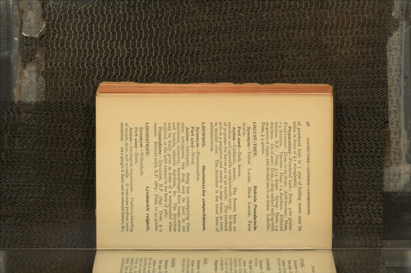 of powdered herb in i pint of boiling water may be taken in doses of £-1 wineglassful. Preparations—Powdered herb : Dose, 5-60 grains. Fluid extract: Dose, 10-20 drops. Acid tincture : Dose, 1-4 drachms. Tincture: Dose, 1-4 drachms. Ethereal tincture, B.P.: Dose, 5-15 drops. Syrup: Dose, 1-4 drachms. Oil of seed: Dose, 1 drop rubbed well up with 20 grains of sugar, and divided into 6-12 doses. Lobelin: Dose, J-3 grains. LOCUST-TREE. Robinia Pseudacacia. Synonym—Yellow Locust, Black Locust, False Acacia. Part used—Bark, leaves. Action—Cathartic, emetic. The flowers form an excellent and agreeable antispasmodic syrup. In doses of 30 grains the leaves act as an emetic. The rootbark acts as a purgative and emetic in large doses, as tonic in smaller ones. The decoction is the usual form of administration. LOGWOOD. tiaematoxylon campechimnutn. Synonym—Haematoxylon. Part used—Wood. Action—Astringent. Being less constipating than other astringents, this drug may be used in old diarrhoeas, dysentery, hemorrhages from lungs, uterus and bowels, infantile diarrhoea, &c. The decoction may be freely given in doses of a wineglassful when required, or the solid extract in the form of pills. Preparations —Decoction, B.P. 1895: Dose, \-i ounces. Extract solid, B.P. 1885 : Dose, 10-30 grains. LOOSESTRIFE. Lyslmachia vulgaris. Synonym—Willowherb. Part used—Herb. Action—Astringent, expectorant. Useful in bleeding of mouth, nose, and wounds. It restrains profuse men- struation. As a gargle it finds use in relaxed throat, &c.