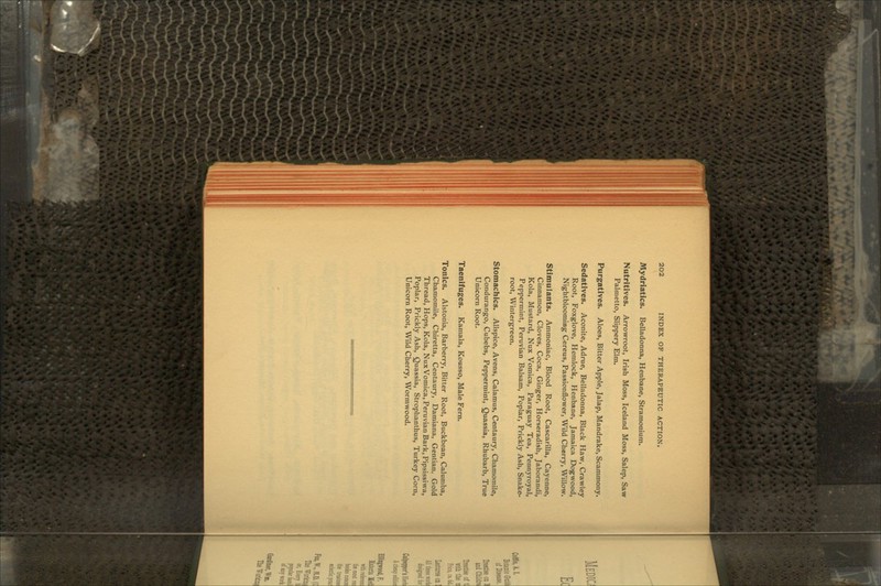 Mydriatics. Belladonna, Henbane, Stramonium. Nutritives. Arrowroot, Irish Moss, Iceland Moss, Salep, Saw Palmetto, Slippery Elm. Purgatives. Aloes, Bitter Apple, Jalap, Mandrake, Scammony. Sedatives. Aconite, Adrue, Belladonna, Black Haw, Crawley Root, Foxglove, Hemlock, Henbane, Jamaica Dogwood, Nightblooming Cereus, Passionflower, Wild Cherry, Willow. Stimulants. Ammoniac, Blood Root, Cascarilla, Cayenne, Cinnamon, Cloves, Coca, Ginger, Horseradish, Jaborandi, Kola, Mustard, Nux Vomica, Paraguay Tea, Pennyroyal, Peppermint, Peruvian Balsam, Poplar, Prickly Ash, Snake- root, Wintergreen. Stomachics. Allspice, Avens, Calamus, Centaury, Chamomile, Condurango, Cubebs, Peppermint, Quassia, Rhubarb, True Unicorn Root. Taetlifuges. Kamala, Kousso, Male Fern. Tonics. Alstonia, Barberry, Bitter Root, Buckbean, Calumba, Chamomile, Chiretta, Centaury, Damiana, Gentian, Gold Thread, Hops, Kola, NuxVomica, Peruvian Bark, Pipsissiwa, Poplar, Prickly Ash, Quassia, Strophanthus, Turkey Corn, Unicorn Root, Wild Cherry, Wormwood.