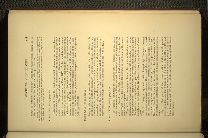 image by antipoints which are larger than those which correspond to the full aperture of the objective (vide pp. 220-221). Owing to an oversight the blue vistas which ought properly to have been represented as incurved vistas passing into the objective have here been allowed to stray afield. In association with this, the antipoints on the periphery of the image-field (A) ought to have been coloured blue instead of red. PLATE XVI (facing page 222). Diagram showing the conditions which obtain when, in accordance with Gordon's suggestion, the dimensions of the radiant field are severely restricted. The general scheme of the diagram is the same as that employed in connexion with Plate XIV. To be noted is the circum- stance that, in conformity with the fact that the full aperture of the condenser is employed, the radiant points on the stage now furnish beams which fill in the whole apertural plane of the objective (B) fur- nishing on the now only partially illuminated image plane of the objec- tive (A) the smaller antipoints which correspond to that full aperture (vide pp. 220-221). PLATE XVII (facing page 224). Diagram showing the conditions which obtain where the objective is out of allineation with the condenser. The general scheme of the diagram is the same as that employed in Plate XIV. To be noted is the circum- stance that, owing to the unsymmetrical manner in which the beams are cut down in the course of their passage through the objective, they are represented in the image plane by ellipitical antipoints (vide p. 222). PLATE XVIII (facing page 236). Photographs exhibiting the impediments to microscopic resolution which are referable to diffraction and obfuscation and the improvement which is effected in the highly magnified microscopic image by the employment of Gordon's device for opening up the beam in the image plane of the objective. Figs. A, B, C are photographs obtained by the aid of Gordon's micro- photographic apparatus used in conjunction with his tandem microscope giving upon the photographic plate an actual magnification of circ. 2,500 diameters and a magnification upon the retina that would be conven- tionally described (vide Cap. X, subsect. 4) as a magnification of about 7,500. Fig. A. Group of typhoid bacilli imaged by Gordon's tandem microscope employed without the ground glass screen. To be noted are the shadows and diffraction patterns of small particles of dust lying on the eye lens (vide pp. 93-94 ; pp. 227-228 ; p. 233 and p. 236). We have here the factor which is contributed by the microscope to the obfuscation and diffraction which mar the highly magnified microscopic image. Fig. B. Photograph of the central portion of the entoptic picture depicted in Plate X, Fig. 5 (vide pp. 140-142, p. 167, p. 228, p. 233, and p. 237). This represents the factor which is contributed by the eye to the obfuscation and diffraction which mar the highly magnified micro- scopic image.