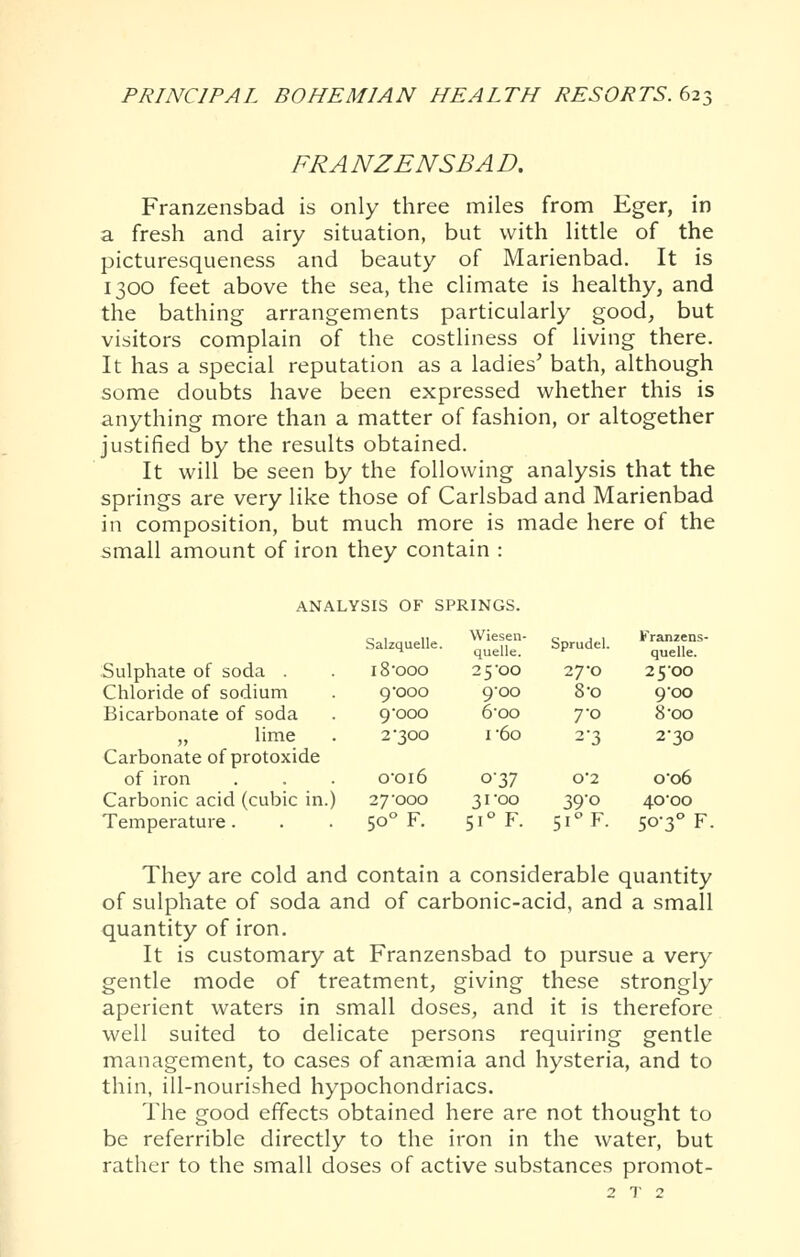 FRANZENSBAD. Franzensbad is only three miles from Eger, in a fresh and airy situation, but with little of the picturesqueness and beauty of Marienbad. It is 1300 feet above the sea, the climate is healthy, and the bathing arrangements particularly good, but visitors complain of the costliness of living there. It has a special reputation as a ladies' bath, although some doubts have been expressed whether this is anything more than a matter of fashion, or altogether justified by the results obtained. It will be seen by the following analysis that the springs are very like those of Carlsbad and Marienbad in composition, but much more is made here of the small amount of iron they contain : ANALYSIS OF SPRINGS. Salzquelle. Wiesen- quelle. Sprudel. Franzens- quelle. Sulphate of soda . iS'OOO 25-00 27-0 2500 Chloride of sodium 9*ooo 9oo 8-0 9-00 Bicarbonate of soda 9'ooo 6oo 7-0 8-00 „ lime 2-300 I'60 2-3 2-30 Carbonate of protoxide of iron ooi6 o37 0*2 0-06 Carbonic acid (cubic in.) 27'000 31-00 39'o 40*00 Temperature. 50° F. 51 F. 51 F. 50-3'' F They are cold and contain a considerable quantity of sulphate of soda and of carbonic-acid, and a small quantity of iron. It is customary at Franzensbad to pursue a very gentle mode of treatment, giving these strongly aperient waters in small doses, and it is therefore well suited to delicate persons requiring gentle management, to cases of anaemia and hysteria, and to thin, ill-nourished hypochondriacs. The good effects obtained here are not thought to be referrible directly to the iron in the water, but rather to the small doses of active substances promot- 2 T 2