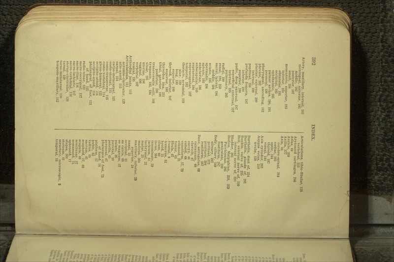 Artery, maxillary, internal, 183 meningeal, anterior, 185 middle, 183 posterior, 187 small, 184 mesenteric, superior, 193 inferior, 194 obturator, 195 occipital, 182 ophthalmic, 185 palmar arches, 190, 191 peroneal, 199 pharyngeal, ascending, 182 phrenic, 192 plantar, external, 200 internal, 199 popliteal, 198 profunda femoris, 197 inferior, 190 superior, 190 pudic, deep external, 197 superficial external, 197 internal, 195 pulmonary, 205 radial, 190 renal, 194, 259 sacral, lateral, 196 middle, 194 sciatic, 195 spermatic, 194 splenic, 193 subclavian, 186 subscapular, 189 suprarenal, 194 suprascapular, 187 temporal, 182 thoracic, acromial, 189 alar, 189 long, 189 superior, 189 thyroid, inferior, 187 superior, 180 thyroidea ima, 251 tibial, anterior, 198 posterior, 199 transversalis colli, 188 tympanic, 183, 184 ulnar, 191 uterine, 196 vaginal, 196 vertebral, 187 vesical, 195 Arthrodial joints, 112 Articulations, 111 acromio-clavicular, 120 atlo-axoid, 113 carpal, 124 carpo-metacarpal, 125 costo-sternal, 115 costo-transverse, 115 costo-vertebral, 114 gleno-humeral, 122 occipito-atloid, 114 occipito-axoid, 114 phalangeal, of foot, 131 of hand, 125 radio-ulnar, 122 sacro-coccygeal, 117 sacro-iliac, 116 sacro-ischiatic, 117 sacro-vertebral, 116 sterno-clavicular, 120 tarsal, 129 tarso-metatarsal, 130 temporo-maxillary, 112 Articulations, tibio-fibular, 128 vertebral, 113 Aryteuoid cartilages, 246 Atlas, 44 Auricle, 359 Axilla, 377 Axis, 44 cerebro-spinal, 284 coeliac, 192 optic, 344 thyroid, 187 visual, 344 Axis cylinder, 283 Azygos veins, 210 uvulae, 139 Bartholin, duct of, 224 Bartholin, glands of, 281 Bauhin, valve of, 235 Bell, external nerve of, 320 internal nerve of, 320 Bladder, 261 Bodies, Malpighian, 258, 259 Pacchionian, 285 geniculate, 299 restiform, 287 Body, ciliary, 349 olivary, 287 perineal, 372 pituitary, 294 restiform, 287 Bone, astragalus, 68 calcaneum, 68 clavicle, 47 coccyx, 46 cuboid, 68 cuneiform, 57, 70 ethmoid, 21 femur, 63 fibula, 67 frontal, 8 humerus, 51 hyoid, 31 ilium, 60 incus, 364 innominate, 59 ischium, 61 • lachrymal, 22 malar, 23 malleus, 364 maxillary, inferior, 29 superior, 24 nasal, 22 occipital, 11 os calcis, 68 os magnum, 57 palate, 26 parietal, 10 patella, 65 peroneal, 67 phalanges of foot, 71 of hand, 58 pisiform, 57 pubic, 62 radius, 55 sacrum, 45 scaphoid, 57, 69 scapula, 48 semilunar, 57 sessampid, 71 sphenoid, 17 stapes, 364 sternum, 41 structure, microscopic, 5 temporal, 13