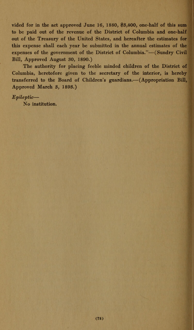 vided for in the act approved June 16, 1880, $3,400, one-half of this sum to be paid out of the revenue of the District of Columbia and one-half out of the Treasury of the United States, and hereafter the estimates for this expense shall each year be submitted in the annual estimates of the expenses of the government of the District of Columbia.—(Sundry Civil Bill, Approved August 30, 1890.) The authority for placing feeble minded children of the District of Columbia, heretofore given to the secretary of the interior, is hereby transferred to the Board of Children's guardians.—(Appropriation Bill, Approved March 3, 1893.) Epileptic— No institution.