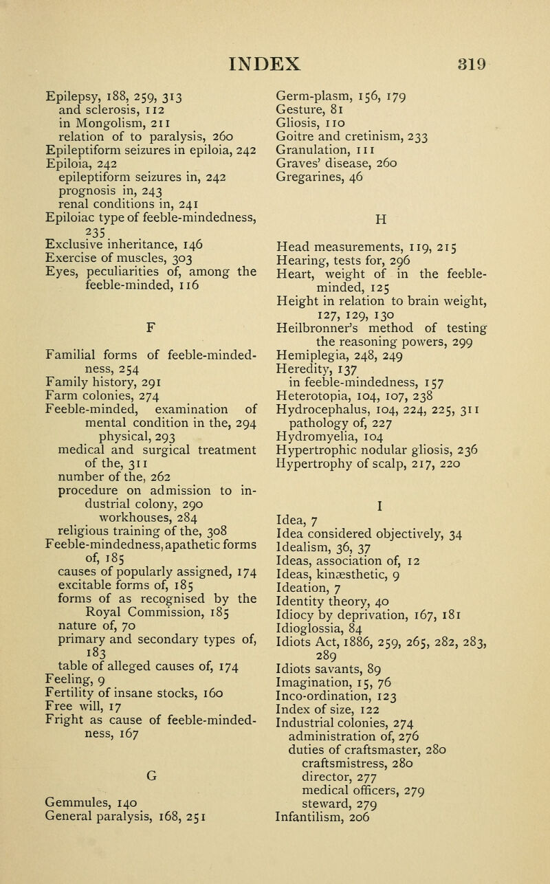 Epilepsy, i88, 259, 313 and sclerosis, 112 in Mongolism, 211 relation of to paralysis, 260 Epileptiform seizures in epiloia, 242 Epiloia, 242 epileptiform seizures in, 242 prognosis in, 243 renal conditions in, 241 Epiloiac type of feeble-mindedness, 235 Exclusive inheritance, 146 Exercise of muscles, 303 Eyes, peculiarities of, among the feeble-minded, 116 Familial forms of feeble-minded- ness, 254 Family history, 291 Farm colonies, 274 Feeble-minded, examination of mental condition in the, 294 physical, 293 medical and surgical treatment of the, 311 number of the, 262 procedure on admission to in- dustrial colony, 290 workhouses, 284 religious training of the, 308 Feeble-mindedness, apathetic forms of, 185 causes of popularly assigned, 174 excitable forms of, 185 forms of as recognised by the Royal Commission, 185 nature of, 70 primary and secondary types of, 183 table of alleged causes of, 174 Feeling, 9 Fertility of insane stocks, 160 Free will, 17 Fright as cause of feeble-minded- ness, 167 Gemmules, 140 General paralysis, 168, 251 Germ-plasm, 156, 179 Gesture, 81 Gliosis, no Goitre and cretinism, 233 Granulation, in Graves' disease, 260 Gregarines, 46 H Head measurements, 119, 215 Hearing, tests for, 296 Heart, weight of in the feeble- minded, 125 Height in relation to brain weight, 127, 129, 130 Heilbronner's method of testing the reasoning powers, 299 Hemiplegia, 248, 249 Heredity, 137 in feeble-mindedness, 157 Heterotopia, 104, 107, 238 Hydrocephalus, 104, 224, 225, 311 pathology of, 227 Hydromyelia, 104 Hypertrophic nodular gliosis, 236 Hypertrophy of scalp, 217, 220 I Idea, 7 Idea considered objectively, 34 Idealism, 36, 37 Ideas, association of, 12 Ideas, kinaesthetic, 9 Ideation, 7 Identity theory, 40 Idiocy by deprivation, 167, 181 Idioglossia, 84 Idiots Act, 1886, 259, 265, 282, 283, 289 Idiots savants, 89 Imagination, 15, 76 Inco-ordination, 123 Index of size, 122 Industrial colonies, 274 administration of, 276 duties of craftsmaster, 280 craftsmistress, 280 director, 277 medical officers, 279 steward, 279 Infantilism, 206