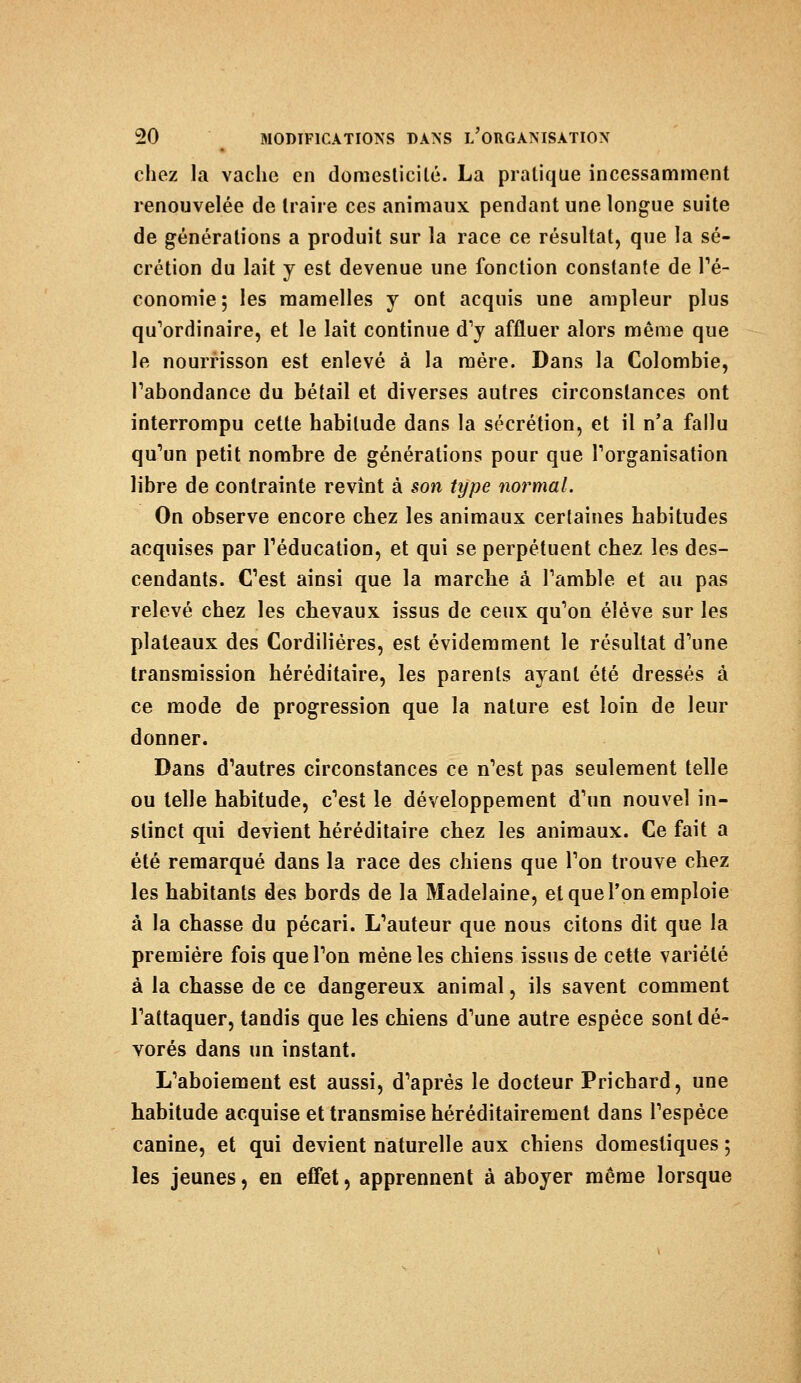 chez la vache en domesticité. La pratique incessamment renouvelée de traire ces animaux pendant une longue suite de générations a produit sur la race ce résultat, que la sé- crétion du lait y est devenue une fonction constante de l'é- conomie; les mamelles y ont acquis une ampleur plus qu'ordinaire, et le lait continue d'y affluer alors même que le nourrisson est enlevé à la mère. Dans la Colombie, l'abondance du bétail et diverses autres circonstances ont interrompu cette habitude dans la sécrétion, et il n'a fallu qu'un petit nombre de générations pour que l'organisation libre de contrainte revînt à son type normal. On observe encore chez les animaux certaines habitudes acquises par l'éducation, et qui se perpétuent chez les des- cendants. C'est ainsi que la marche à l'amble et au pas relevé chez les chevaux issus de ceux qu'on élève sur les plateaux des Cordiliéres, est évidemment le résultat d'une transmission héréditaire, les parents ayant été dressés à ce mode de progression que la nature est loin de leur donner. Dans d'autres circonstances ce n'est pas seulement telle ou telle habitude, c'est le développement d'un nouvel in- stinct qui devient héréditaire chez les animaux. Ce fait a été remarqué dans la race des chiens que l'on trouve chez les habitants des bords de la Madelaine, et que l'on emploie à la chasse du pécari. L'auteur que nous citons dit que la première fois que l'on mène les chiens issus de cette variété à la chasse de ce dangereux animal, ils savent comment l'attaquer, tandis que les chiens d'une autre espèce sont dé- vorés dans un instant. L'aboiement est aussi, d'après le docteur Prichard, une habitude acquise et transmise héréditairement dans l'espèce canine, et qui devient naturelle aux chiens domestiques ; les jeunes, en effet, apprennent à aboyer même lorsque
