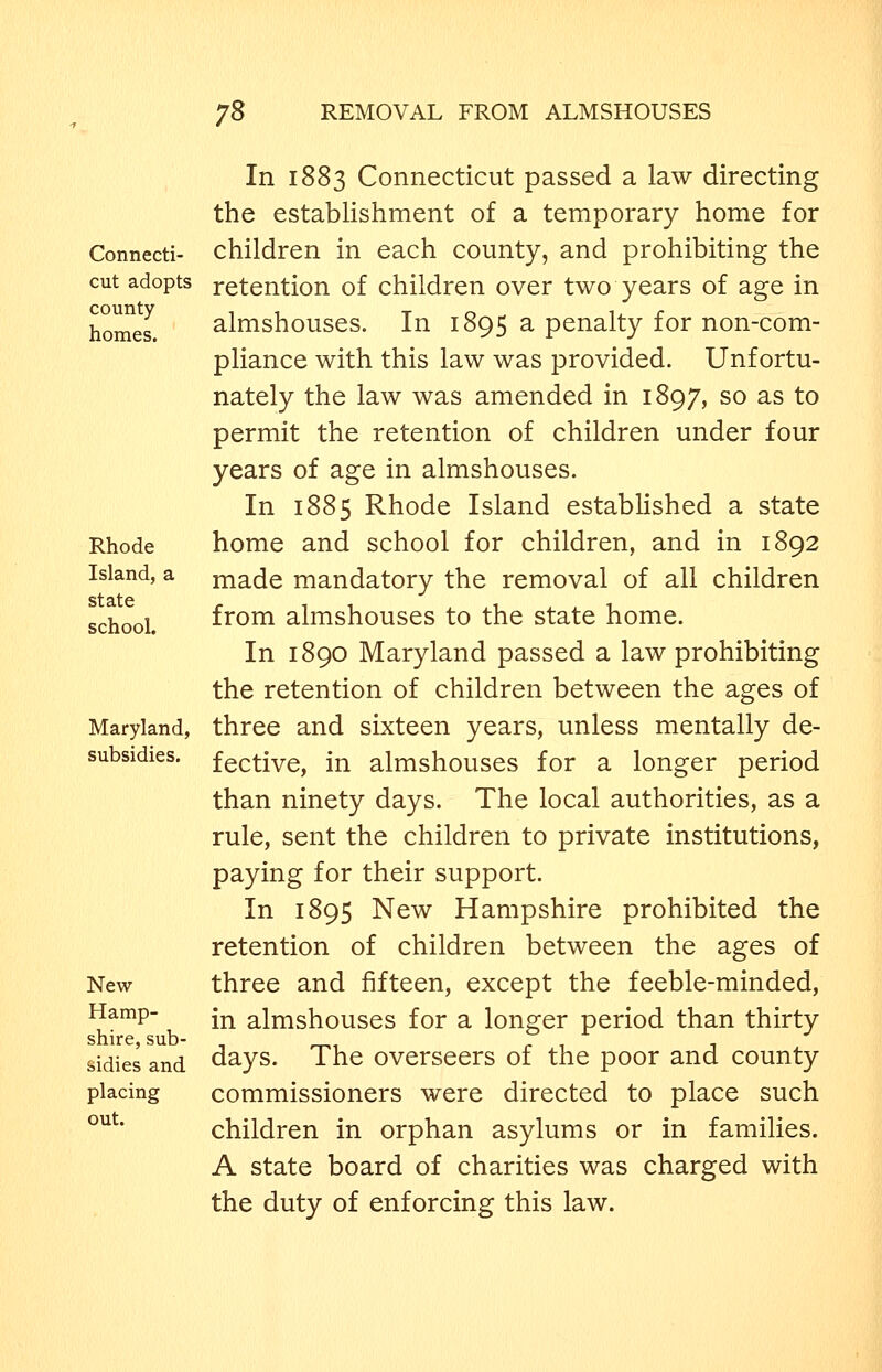 Connecti- cut adopts county homes. Rhode Island, a state school. Maryland, subsidies. New Hamp- shire, sub- sidies and placing out. In 1883 Connecticut passed a law directing the establishment of a temporary home for children in each county, and prohibiting the retention of children over two years of age in almshouses. In 1895 a penalty for non-com- pliance with this law was provided. Unfortu- nately the law was amended in 1897, so as to permit the retention of children under four years of age in almshouses. In 1885 Rhode Island established a state home and school for children, and in 1892 made mandatory the removal of all children from almshouses to the state home. In 1890 Maryland passed a law prohibiting the retention of children between the ages of three and sixteen years, unless mentally de- fective, in almshouses for a longer period than ninety days. The local authorities, as a rule, sent the children to private institutions, paying for their support. In 1895 New Hampshire prohibited the retention of children between the ages of three and fifteen, except the feeble-minded, in almshouses for a longer period than thirty days. The overseers of the poor and county commissioners were directed to place such children in orphan asylums or in families. A state board of charities was charged with the duty of enforcing this law.