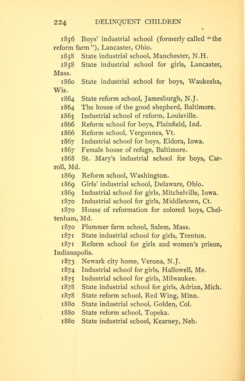 1856 Boys' industrial school (formerly called the reform farm), Lancaster, Ohio. 1858 State industrial school, Manchester, N.H. 1858 State industrial school for girls, Lancaster, Mass. i860 State industrial school for boys, Waukesha, Wis. 1864 State reform school, Jamesburgh, N.J. 1864 The house of the good shepherd, Baltimore. 1865 Industrial school of reform, Louisville. 1866 Reform school for boys, Plainfield, Ind. 1866 Reform school, Vergennes, Vt. 1867 Industrial school for boys, Eldora, Iowa. 1867 Female house of refuge, Baltimore. 1868 St. Mary's industrial school for boys, Car- roll, Md. 1869 Reform school, Washington. 1869 Girls' industrial school, Delaware, Ohio. 1869 Industrial school for girls, Mitchelville, Iowa. 1870 Industrial school for girls, Middletown, Ct. 1870 House of reformation for colored boys, Chel- tenham, Md. 1870 Plummer farm school, Salem, Mass. 1871 State industrial school for girls, Trenton. 1871 Reform school for girls and women's prison, Indianapolis. 1873 Newark city home, Verona, N.J. 1874 Industrial school for girls, Hallowell, Me. 1875 Industrial school for girls, Milwaukee. 1878 State industrial school for girls, Adrian, Mich. 1878 State reform school. Red Wing, Minn. 1880 State industrial school. Golden, Col. 1880 State reform school, Topeka. 1880 State industrial school, Kearney, Neb.