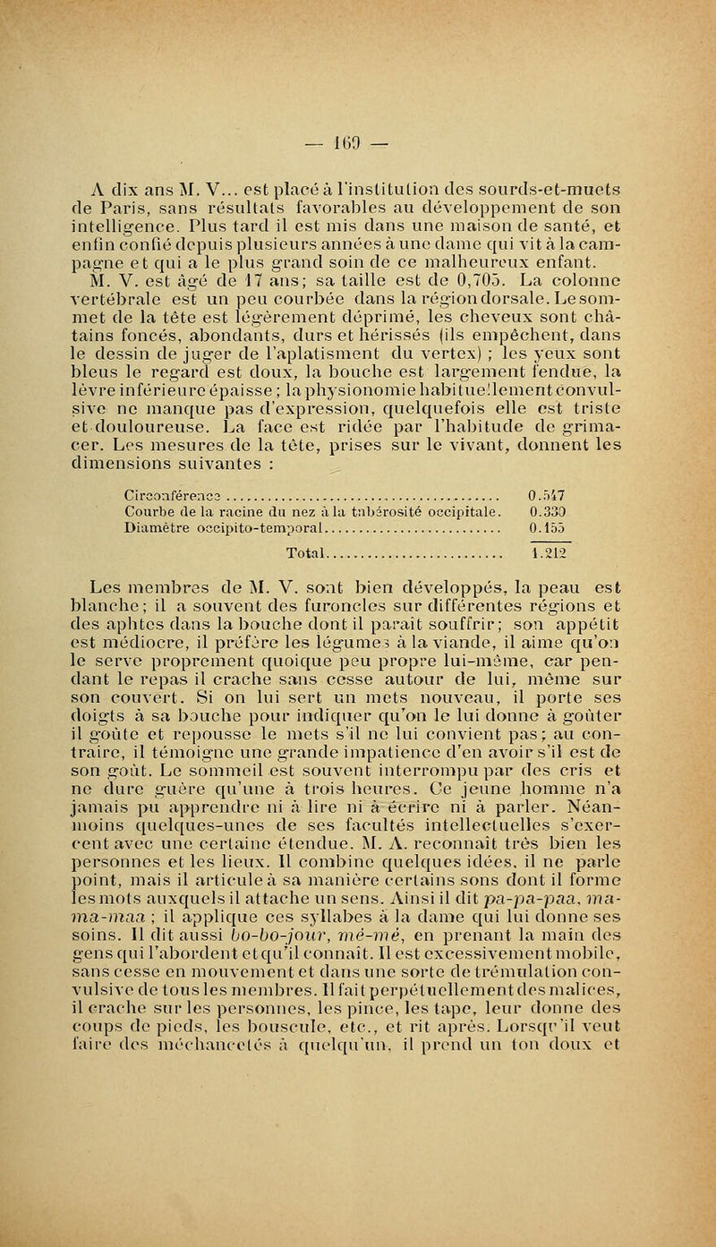 A dix ans M. V... est placé à l'institutioa des sourds-et-muets de Paris, sans résultats favorables au développement de son intelligence. Plus tard il est mis dans une maison de santé, et enfin confié depuis plusieurs années à une dame qui vit à la cam- pag'ne et qui a le plus g'rand soin de ce malheureux enfant. M. V. est âgé de 17 ans; sa taille est de 0,705. La colonne A'ertébrale est un peu courbée dans la région dorsale. Le som- met de la tête est légèrement déprimé, les cheveux sont châ- tains foncés, abondants, durs et hérissés (ils empêchent, dans le dessin de juger de l'aplatisment du vertex) ; les yeux sont bleus le regard est doux, la bouche est larg-ement fendue, la lèvre inférieure épaisse ; la physionomie habitueîlementconvul- sive ne manque pas d'expression, quelquefois elle est triste et douloureuse, l^a face est ridée par l'habitude de grima- cer. Les mesures de la tête, prises sur le vivant, donnent les dimensions suivantes : Circonférenc3 0. 547 Courbe de la racine du nez à la tnbârosité occipitale. 0.330 Diamètre oocipito-temporal 0.155 Total 1.212 Les membres de M. V. sont bien développés, la peau est blanche; il a souvent des furoncles sur différentes régions et des aphtes dans la bouche dont il parait souffrir; son appétit est médiocre, il préfère les légumes à la viande, il aime qu'o:i le serve proprement quoique peu propre lui-même, car pen- dant le repas il crache sans cesse autour de lui, même sur son couvert. Si on lui sert un mets nouveau, il porte ses doigts à sa bouche pour indiquer qu'on le lui donne à goûter il g'oùte et repousse le mets s'il ne lui convient pas; au con- traire, il témoig-nc une g-rande impatience d'en avoir s'il est de son goût. Le sommeil est souvent interrompu par des cris et no dure guère qu'une à trois heures. Ce jeune homme n'a jamais pu apprendi-e ni h lire ni à écrire ni à parler. Néan- moins quelques-unes de ses facultés intellectuelles s'exer- cent avec une certaine étendue. M. A. reconnaît très bien les personnes et les lieux. Il combine quelques idées, il ne parle point, mais il articule à sa manière certains sons dont il forme les mots auxquels il attache un sens. Ainsi il dit pa-pa-paa, mn- ma-maa ; il applique ces syllabes à la dame qui lui donne ses soins. Il dit aussi bo-bo-jour, mé-mé, en prenant la main des gens qui l'abordent etqu'il connaît. Il est excessivement mobile, sans cesse en mouvement et dans une sorte de trémulation con- vulsÎAc de tous les membres. Il fait perpétuellement des malices, il crache sur les personnes, les pince, les tape, leur donne des coups de pieds, les bouscule, etc., et rit après. Lorsqr'il veut faire des méchancetés à quelqu'un, il prend un ton doux et