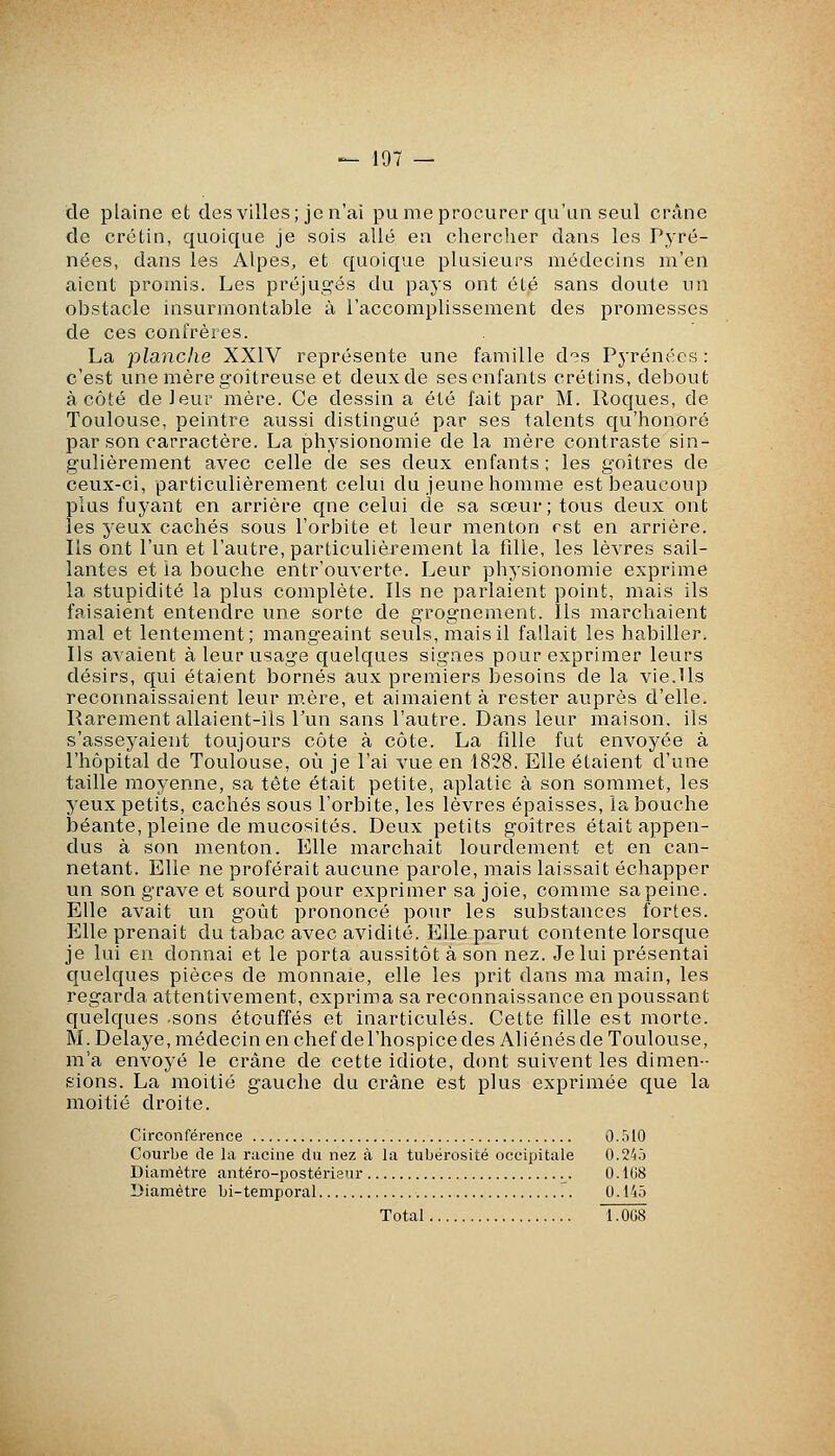de plaine et des villes; je n'ai pu me procurer qu'un seul crâne de crétin, quoique je sois allé en chercher dans les Pyré- nées, dans les Alpes, et quoique plusieurs médecins m'en aient promis. Les préjugés du pays ont été sans doute un obstacle insurmontable à l'accomplissement des promesses de ces confrères. La planche XXIV représente une famille d?s Pyrénées : c'est une mère goitreuse et deux de ses enfants crétins, debout à côté de leur mère. Ce dessin a été fait par M. Roques, de Toulouse, peintre aussi distingué par ses talents qu'honoré par son carractère. La physionomie de la mère contraste sin- gulièrement avec celle de ses deux enfants ; les goitres de cevix-ci, particulièrement celui du jeune homme est beaucoup plus fuyant en arrière qne celui cïe sa sœur; tous deux ont les yeux cachés sous l'orbite et leur menton rst en arrière. Ils ont l'un et l'autre, particulièrement la fdle, les lèvres sail- lantes et ia bouche entr'ouverte. Leur physionomie exprime la stupidité la plus complète. Ils ne parlaient point, mais ils faisaient entendre une sorte de grognement. Ils marcliaient mal et lentement; mangeaint seuls, mais il fallait les habiller. Ils avaient à leur usage quelques signes pour exprimer leurs désirs, qui étaient bornés aux premiers besoins de la vie.Us reconnaissaient leur mère, et aimaient à rester auprès d'elle. Rarement allaient-ils l'un sans l'autre. Dans leur maison, ils s'asseyaient toujours côte à côte. La fille fut envoyée à l'hôpital de Toulouse, où je l'ai vue en 1828. Elle étaient d'une taille moyenne, sa tète était petite, aplatie à son sommet, les yeux petits, cachés sous l'orbite, les lèvres épaisses, la bouche béante, pleine de mucosités. Deux petits goitres était appen- dus à son menton. Elle marchait lourdement et en can- netant. Elle ne proférait aucune parole, mais laissait échapper un son grave et sourd pour exprimer sa joie, comme sa peine. Elle avait un goût prononcé pour les substances fortes. Elle prenait du tabac avec avidité. Elle parut contente lorsque je lui en donnai et le porta aussitôt à son nez. Je lui présentai quelques pièces de monnaie, elle les prit dans ma main, les regarda attentivement, exprima sa reconnaissance en poussant quelques -sons étouffés et inarticulés. Cette fille est morte. M. Délaye, médecin en chef de l'hospice des Aliénés de Toulouse, m'a envoyé le crâne de cette idiote, dont suivent les dimen- sions. La moitié gauche du crâne est plus exprimée que la moitié droite. Circonférence 0.510 Courbe de la racine du nez à la tubérosité occipitale 0.2^.'j Diamètre antéro-postérisur 0.1(i8 Diamètre bi-temporal '. 0.145 Total 1.008