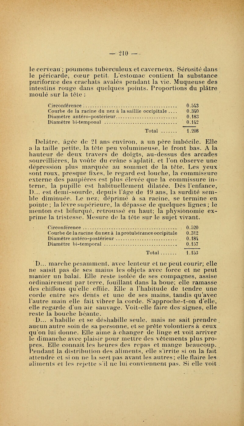 — 210—^ le cerveau ; poumons tuberculeux et caverneux. Sérosité dans le péricarde, cœur petit. L'estomac contient la substance puriforme des crachats avalés pendant la vie. Muqueuse des intestins rouge dans quelques points. Proportions du plâtre moulé sur la tête : Circonférence ; 0.543 Courbe de la racine du nez à la saillie occipitale 0.340 Diamètre antéro-postérieur ; 0.183 Diamètre bi-tempooal 0.142 Total 1.208 Delâtre, âgée de 21 ans environ, a un père imbécile. Elle a la taille petite, la tète peu volumineuse, le front bas. A la hauteur de deux travers de doigts, au-dessus des arcades sourcillières, la voûte du crâne s'aplatit, et l'on observe une dépression plus marquée au sommet de la tête. Les yeux sont roux, presque fixes, le regard est louche, la commissure externe des paupières est plus élevée que la commissure in- terne, la pupille est habituellement dilatée. Dès l'enfance, D... est demi-sourde, depuis l'âge de 19 ans, la surdité sem- ble diminuée. Le nez, déprimé à sa racine, se termine en pointe; la lèvre supérieure, la dépasse de quelques lignes; le menton est bifurqué, retroussé en haut; la physionomie ex- prime la tristesse. Mesure de la tête sur le sujet vivant. ; Circonférence ■ 0.520 Courbe de la racine dunezà la protubérance occipitale 0.312 Diamètre antéro-postérieur '.. . 0.184 Diamètre bi-temporal 0.157 Total 1.153 D... marche pesamment, avec lenteur et ne peut courir; elle ne saisit pas de ses mains les objets avec force et ne peut manier un balai. Elle reste isolée de ses compagnes, assise ordinairement par terre, fouillant dans la boue; elle ramasse des chiffons qu'elle effile. Elle a l'habitude de tendre une corde entre ses deiits et une de ses mains, tandis qu'avec l'autre main elle fait vibrer la corde. S'approche-f-on d'elle, elle regctrde d'un air sauvage. Voit-elle faire des'signes, elle reste la bouche béante. D... s'habille et se déshabille seule, mais ne sait prendre, aucun autre soin de sa personne, et se prête volontiers à ceux qu'on lui donne. Elle aime à changer de linge et voit arriver le dimanche avec plaisir pour mettre des vêtements plus pro- pres. Elle connaît les heures des repas et mange beaucoup. Pendant la distribution des aliments, elle s'irrite si on la fait attendre et si on ne la sert pas avant les autres; elle flaire les aliments et les rejette s'il ne lui conviennent pas. Si elle voit .