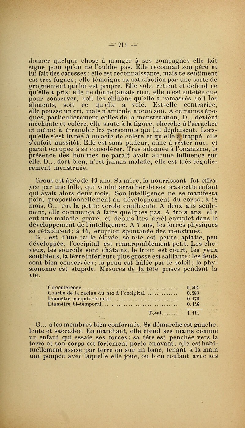 — -211 — donner quelque chose à manger à ses compagnes elle fait signe pour qu'on ne l'oublie pas. Elle reconnaît son père et lui fait des caresses ; elle est reconnaissante, mais ce sentiment est très fugace; elle témoigne sa satisfaction par une sorte de grognement qui lui est propre. Elle vole, retient et défend ce qu'elle a pris; elle ne donne jamais rien, elle n'est entêtée que pour conserver, soit les chiffons qu'elle a ramassés soit les aliments, soit ce qu'elle a volé. Est-elle contrariée, elle pousse un cri, mais n'articule aucun son. A certaines épo- ques, particulièrement celles de la menstruation, D... devient méchante et colère, elle saute à la figure, cherche à l'arracher et même à étrangler les personnes qui lui déplaisent. Lors- qu'elle s'est livrée à un acte de colère et qu'elle à'frappé, elle s'enfuit aussitôt. Elle est sans pudeur, aime à rester nue, et paraît occupée à se considérer. Très adonnée à l'onanisme, la présence des hommes ne paraît avoir aucune influence sur elle. D... dort bien, n'est jamais malade, elle est très réguliè- rement menstruée. Grous est âgée de 19 ans. Sa mère, la nourrissant, fut effra- yée par une folle, qui voulut arracher de ses bras cette enfant qui avait alors deux mois. Son intelligence ne se manifesta point proportionnellement au développement du corps ; à 18 mois. G... eut la petite vérole confluente. A deux ans seule- ment, elle commença à faire quelques pas. A trois ans, elle eut une maladie grave, et depuis lors arrêt complet dans le développement de l'intelligence. A 7 ans, les forces physiques se rétablirent ; à 14, éruption spontanée des menstrues. G... est d'une taille élevée, sa tête est petite, aplatie, peu développée, l'occipital est remarquablement petit. Les che- veux, les sourcils sont châtains, le front est court, les yeux S'ont bleus, la lèvre inférieure plus grosse est saillante ; les dents sont bien conservées ; la peau est hâlée par le soleil; la phy- sionomie est stupide. Mesures de la tête prises pendant la vie. Circonférence 0.504 Courbe de la racine du nez à l'occipital 0.283 Diamètre occipito-frontal 0.178 Diamètre bi-temporal 0. 146 Total 1.111 G... aies membres bien conformés. Sa démarche est gauche, lente et saccadée. En marchant, elle étend ses mains comme un enfant qui essaie ses forces ; sa tête est penchée vers la terre et son corps est fortement porté en avant; elle est habi- tuellement assise par terre ou sur un banc, tenarit à la main une poupée avec laquelle elle joue, ou bien roulant avec ses
