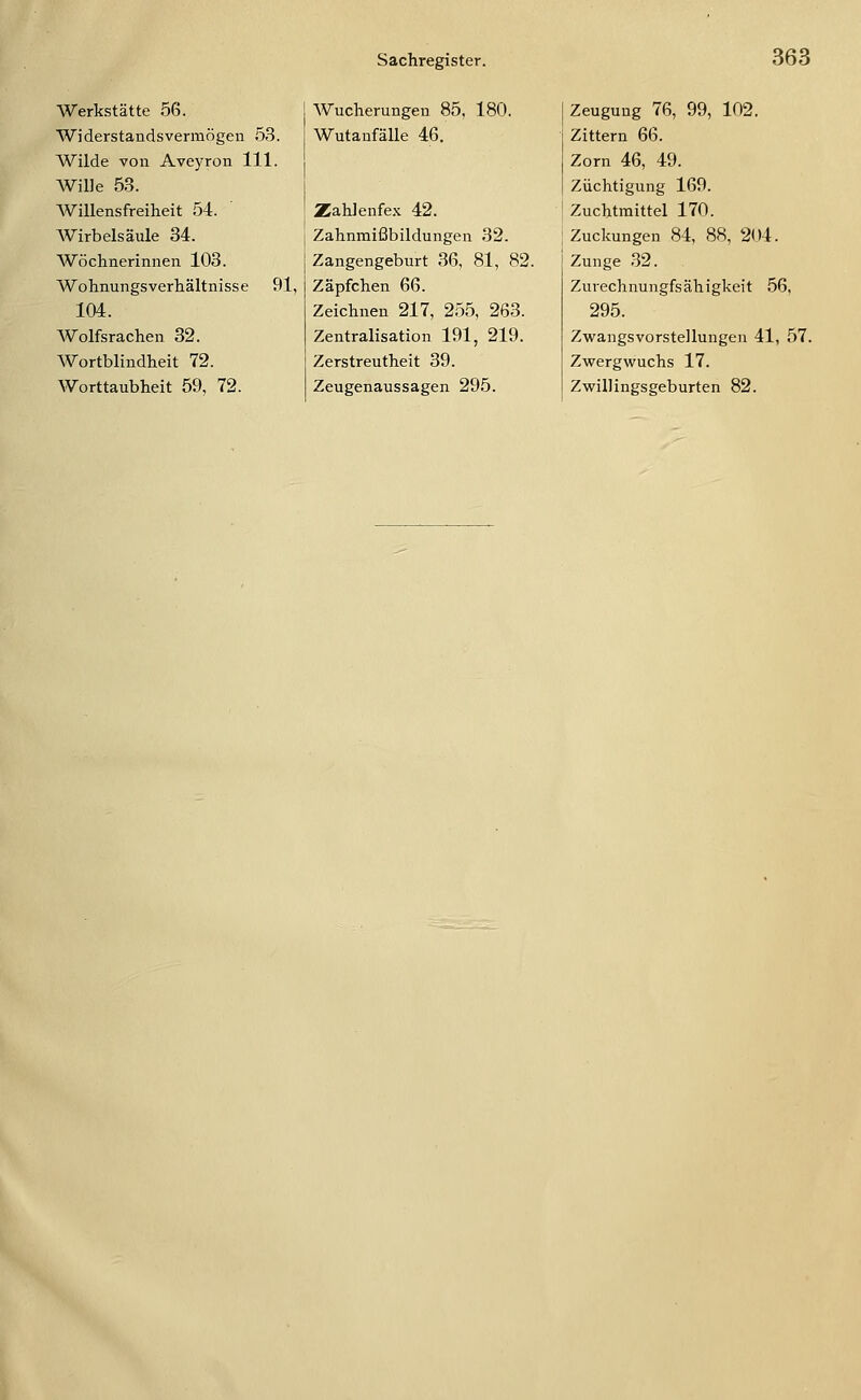 Werkstätte 56. Widerstandsvermögeu 53. Wilde von Aveyron 111. Wille 53. AVillensfreiheit 54. Wirbelsäule 34. Wöchnerinnen 103. Wohnungsverhältnisse 91, 104. Wolfsrachen 32. Wortblindheit 72. Worttaubheit 59, 72. Wucherungen 85, 180. Wutanfälle 46. Zahlenfe.x 42. Zahnmißbildungen 32. Zangengeburt 36, 81, 82. Zäpfchen 66. Zeichnen 217, 255, 263. Zentralisation 191, 219. Zerstreutheit 39. Zeugenaussagen 295. Zeuguug 76, 99, 102. Zittern 66. Zorn 46, 49. Züchtigung 169. Zuchtraittel 170. Zuckungen 84, 88, 2()4. Zunge 32. Zurechnungfsähigkeit 56, 295. Zwangsvorstellungen 41, 57. Zwergwuchs 17. Zwillingsgeburten 82.