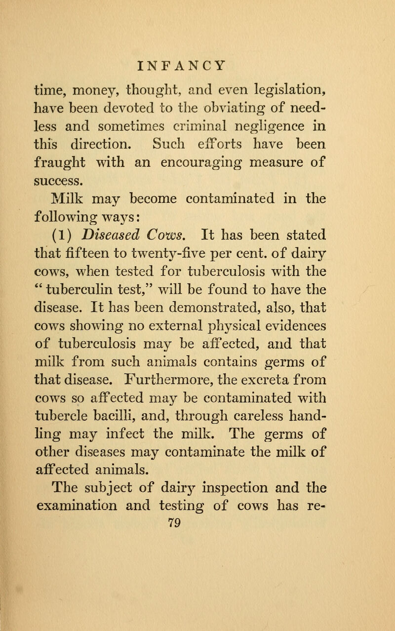 time, money, thought, and even legislation, have been devoted to the obviating of need- less and sometimes criminal negligence in this direction. Such efforts have been fraught with an encouraging measure of success. Milk may become contaminated in the following ways: (1) Diseased Cows, It has been stated that fifteen to twenty-five per cent, of dairy cows, when tested for tuberculosis with the *' tuberculin test, will be found to have the disease. It has been demonstrated, also, that cows showing no external physical evidences of tuberculosis may be affected, and that milk from such animals contains germs of that disease. Furthermore, the excreta from cows so affected may be contaminated with tubercle bacilli, and, through careless hand- ling may infect the milk. The germs of other diseases may contaminate the milk of affected animals. The subject of dairy inspection and the examination and testing of cows has re-