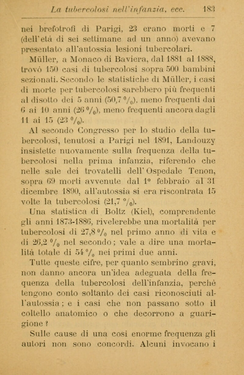 uri brefotrofi -li Parigi, 23 erano morti (dell'età di sei settimane ad un anno) avevano presentato all'autossia lesioni tubercolari. Mùller, a Monaco di Baviera, dal 1881 al L888, trovò 150 casi -li tubercolosi sopra500 bambini sezionati. Secondo le statistiche ili Mùller, i casi di ìnm-le per tubercolosi sarebbero più frequenti al disotto dei 5 anni (50,7%), meno frequenti dai 6 ai I anni (2(»%), meno frequenti ancora dagli 11 ai 15 (23 %)• Al secondo Congresso per lo studio della tu- bercolosi, tenutosi a Parigi nel L891, Landouzy insistette nuovamente sulla frequenza della tu- bercolosi nella prima infanzia, riferendo che nelle sale dei trovatelli dell'Ospedale Tenon, sopra 69 morti avvenute dal 1° febbraio al 31 dicembre 1890, all'autossia si era riscontrata 15 volte la tubercolosi (21,7 %). Una statistica di Boltz (Kiel), comprendente gli anni 1873-1886, rivelerebbe una mortalità per tubercolosi di 27.8% nel primo anno di vita e di 26,2% nel secondo; vale a dire una morta- lità totale di 54% nei primi due anni. Tutte queste cifre, per quanto sembrino pravi. non danno ancora un'idea adeguata della fre- quenza della tubercolosi dell'infanzia, perchè tengono conto soltanto dei casi riconosciuti al- l'autossia ; e i casi che non passano sotto il coltello anatomico o che decorrono a guari- gione ? Sulle eause di una cosi enorme frequenza gli autori non sono concordi. Alcuni invocano i