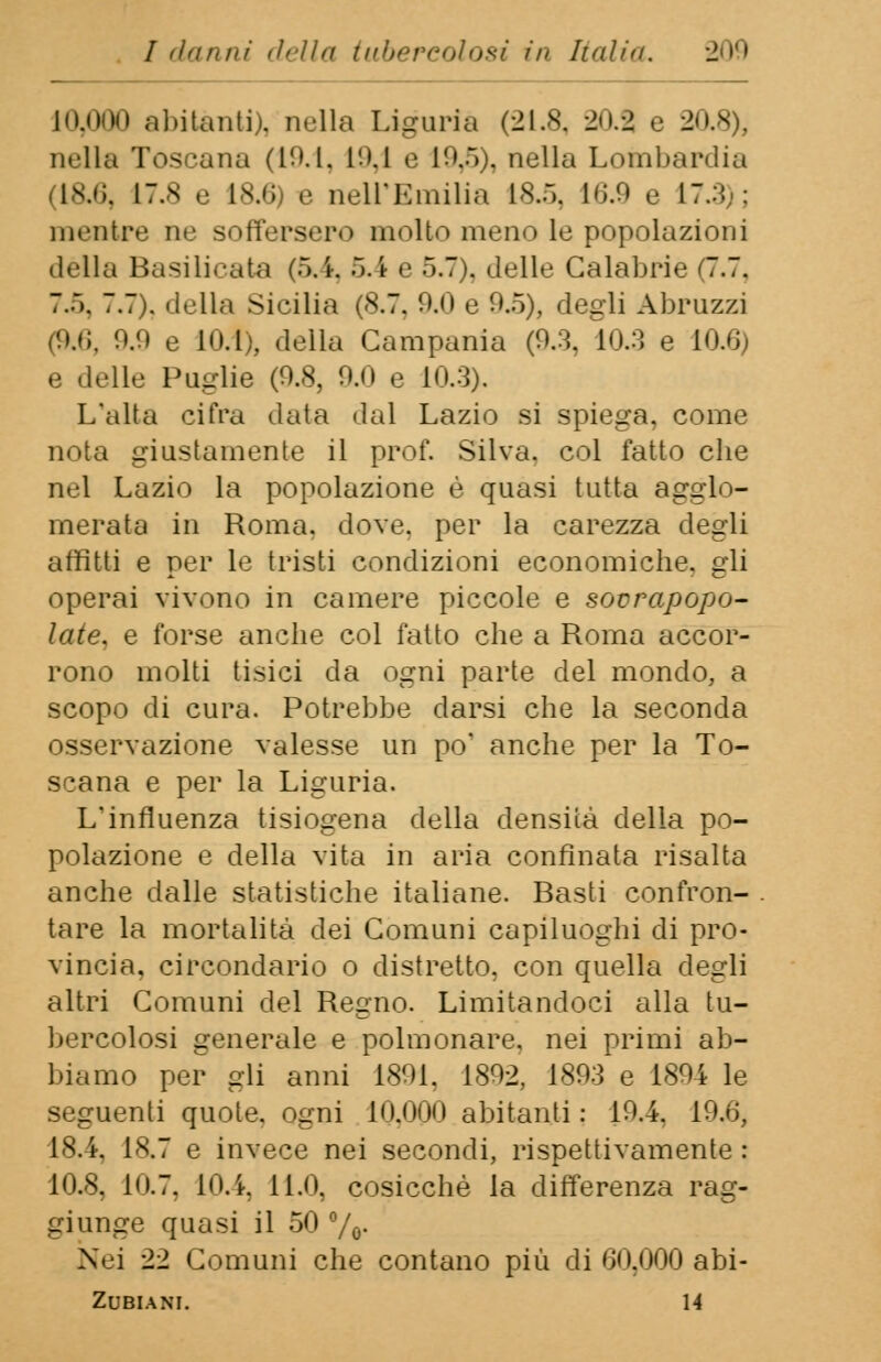 10,000 abitanti), nella Liguria (21.8, 20.2 e 20.8), nella Toscana (19.1, 19,1 e 10.5), nella Lombardia L8.6, 17.8 e 18.6 e nell'Emilia 18^, 16.9 e 17.3); mentre ne soffersero molto meno le popolazioni dèlia Basilicata (5w4, 5.4 e 5.7). delle Calabrie (7.7. 7.:>. 7.7). della Sicilia (8.7. 0.0 e 0.5), degli Abruzzi (9i6, 0.0 e 10.1), della Campania (9.3, 10.3 e 10.6) e delle Puglie (0.8, 0.0 e 10.3). L'alta cifra data dal Lazio si spiega, come nota giustamente il prof. Silva, col fatto che nel Lazio la popolazione è quasi tutta agglo- merata in Roma. dove, per la carezza degli affitti e per le tristi condizioni economiche, gli operai vivono in camere piccole e sovrapopo- late, e forse anche col fatto che a Roma accor- rono molti tisici da ogni parte del mondo, a scopo di cura. Potrebbe darsi che la seconda osservazione valesse un pò1 anche per la To- scana e per la Liguria. L'influenza tisiogena della densità della po- polazione e della vita in aria confinata risalta anche dalle statistiche italiane. Basti confron- tare la mortalità dei Comuni capiluoghi di pro- vincia, circondario o distretto, con quella degli altri Comuni del Regno. Limitandoci alla tu- bercolosi generale e polmonare, nei primi ab- biamo per gli anni 1801. 1802, 1803 e 1804 le seguenti quote, ogni 10.000 abitanti : 10.4. 19.0, 18.4, 18.7 e invece nei secondi, rispettivamente : 10.8, 1<).7. 10.ì.. 11.0, cosicché la differenza rag- giunge quasi il 50 %• Nei 22 Comuni che contano più di 00.000 abi- ZUBIANI. 14