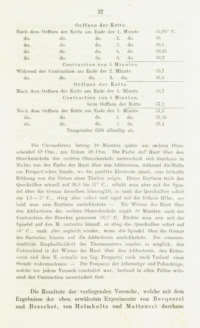 1er 1, , Minute 15,95° C. 2. flu. 36 •j. do. 36,1 4. do. 36,25 5. do. 36,2 5 Mi . nuten. 2. Minute 35,7 5. do. 36,5 37 Oeffnen der Kette. Nach dem Oeffnen der Kette am Ende ( do. do. do. do. do. do. do. do. do. do. do. do. Contraction von Während der Contraction am Ende der do. do. do. Oeffnen der Kette. Nach dem Oeffnen der Kette am Ende der 5. Minute 36,7 Contraction von 5 Minuten. - beim Oeffnen der Kette 37,2 Nach dem Oeffnen der Kette am Ende der 1. Minute 37,3 do. do. do. 2. do. 37,35 do. do. do. 3. do. 37,4 Temperatur fällt allmälig ab. Die Circumferenz betrug In Minuten spater am rechten Ober- schenkel 42 Ctm., am linken 38 Ctm. Die Farbe der* Haut über den Streckmuskeln 'des rechten Oberschenkels unterschied sich durchaus in Nichts von der Farbe der Haut über den Adductoren, während die Stelle am Poupax't'schen Bande, wo die positive Electrode stand, eine lebhafte Röthung von der Grösse eines Thalers zeigte. Dieses Erythem trieb das Quecksilber schnell auf 36,8 bis 37° C.; sobald man aber mit der Spin- del über die Grenze desselben hinausglitt, so sank das Quecksilber sofort um 1,5 — 2° C, stieg aber sofort und rapid auf die frühere Höhe, so- bald man zum Erythem zurückkehrte. — Die Wärme der Haut über den Adductoren des rechten Oberschenkels ergab 20 Minuten nach der Contraction der Strecker gemessen 34,8 C. Rückte man nun mit der Spindel auf den M. sartorius hinauf, so stieg das Quecksilber sofort auf 36° C., sank aber sogleich wieder, wenn die Spindel über die Grenze, des Sartorius hinaus auf die Adductoren zurückkehrte. Die ausseror- dentliche Empfindlichkeit des Thermometers machte es möglich, den Unterschied in der Wärme der Haut über den Adductoren, den Exten- soren und dem N. eruralis am Lig. Poupartii noch nach Verlauf einer Stunde wahrzunehmen. — Die Frequenz der Athemzüge und Pulsschläge, welche vor jedem Versuch constatirt war, bestand in allen Fällen wäh- rend der Contraction unverändert fort. Die Resultate der vorliegenden Versuche, welche mit dem Ergebnisse der oben erwähnten Experimente von Becquerel und Breschet, von Helmholtz und Matteucci durchaus