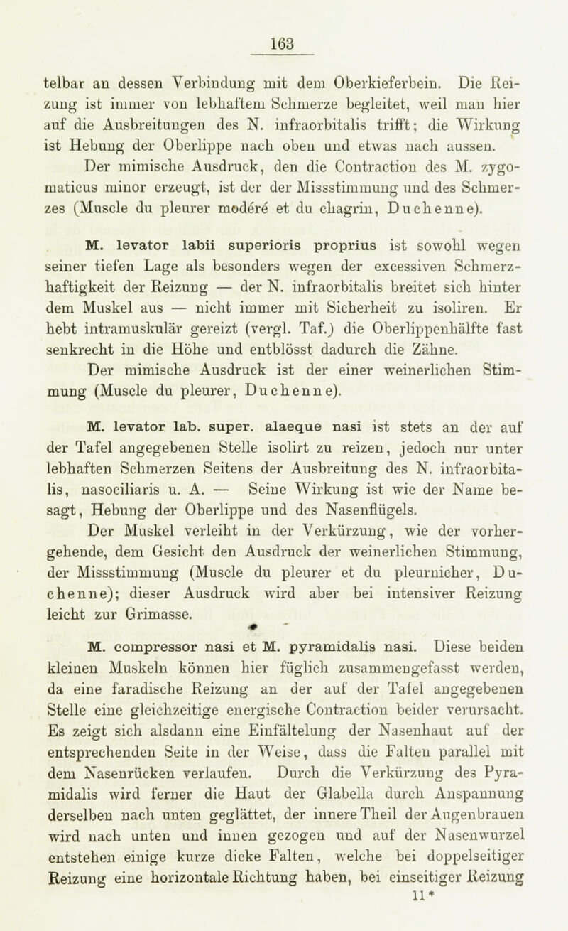 telbar an dessen Verbindung mit dem Oberkieferbein. Die Rei- zung ist immer von lebhaftem Schmerze begleitet, weil man hier auf die Ausbreitungen des N. infraorbitalis trifft; die Wirkung ist Hebung der Oberlippe nach oben und etwas nach aussen. Der mimische Ausdruck, den die Contraction des M. zygo- maticus minor erzeugt, ist der der Missstimmung und des Schmer- zes (Mnscle du pleurer modere et du chagrin, Duchenne). M. levator labii superioris proprius ist sowohl wegen seiner tiefen Lage als besonders wegen der excessiven Schmerz- haftigkeit der Reizung — der N. infraorbitalis breitet sich hinter dem Muskel aus — nicht immer mit Sicherheit zu isoliren. Er hebt intramuskulär gereizt (vergl. Taf.J die Oberlippenhälfte fast senkrecht in die Höhe und entblösst dadurch die Zähne. Der mimische Ausdruck ist der einer weinerlichen Stim- mung (Muscle du pleurer, Duchenne). M. levator lab. super, alaeque nasi ist stets an der auf der Tafel angegebenen Stelle isolirt zu reizen, jedoch nur unter lebhaften Schmerzen Seitens der Ausbreitung des N. infraorbita- lis, nasociliaris u. A. — Seine Wirkung ist wie der Name be- sagt, Hebung der Oberlippe und des Nasenflügels. Der Muskel verleiht in der Verkürzung, wie der vorher- gehende, dem Gesicht den Ausdruck der weinerlichen Stimmung, der Missstimmung (Muscle du pleurer et du pleurnicher, Du- chenne); dieser Ausdruck wird aber bei intensiver Reizung leicht zur Grimasse. -• M. eompressor nasi et M. pyramidalis nasi. Diese beiden kleinen Muskeln können hier füglich zusammengefasst werden, da eine faradische Reizung an der auf der Tafel angegebenen Stelle eine gleichzeitige energische Contraction beider verursacht. Es zeigt sich alsdann eine Einfältelung der Nasenhaut auf der entsprechenden Seite in der Weise, dass die Falten parallel mit dem Nasenrücken verlaufen. Durch die Verkürzung des Pyra- midalis wird ferner die Haut der Glabella durch Anspannung derselben nach unten geglättet, der innere Theil der Augenbrauen wird nach unten und innen gezogen und auf der Nasenwurzel entstehen einige kurze dicke Falten, welche bei doppelseitiger Reizung eine horizontale Richtung haben, bei einseitiger Reizung 11*