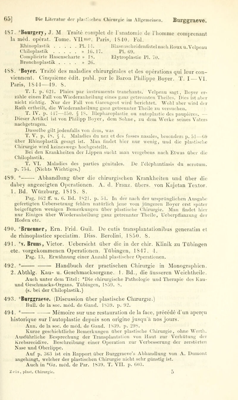 187. Üourgery, J. M Traite coniplet de l'anatomie de L'homme comprenant la med. operat. Tome. VU»'. Paris, 1840. F.ol. Rhinoplastik PI. ! !. BlasenscheidentlstelnachRouxu.Velpeau Chiloplastik >. Kl. 17. PI. 69. Complicirte Hasenscharte » 1^. Elytroplastie PI. 70. Bronchoplastik .... » 26. 488. Ifojer. Traite des maladies chirurgicales et des Operations qui leur con- viennent. Cinquieme edit. publ. par le Baron Philippe Boyer. T. I — VI. Paris, 1844—49. 8. T. 1. p. (121. Blaies par Instruments tranchants. Velpeau sagt, Boyer er- zähle einen Fall von Wiederanheilung eines ganz getrennten Theiles. Dies ist abi r nicht richtig. Nur der Fall von Garengeot wird berichtet. Wohl aber wird der Rath ertheilt, die Wiederanheilung ganz getrennter Theile zu versuchen. T. IV. p. 147—450. § 18. Blepharoplastie ou autoplastie des paupiere . Dieser Artikel ist von Philipp Boyer, dem Sohne , zu dem Werke seines Vaters nachgetragen. Dasselbe gilt jedenfalls von dem, was T. V. p. 48. § 4. Maladies du nez et des fosses nasales, besonders p. öl—60 über Rhinoplastik gesagt ist. Man rindet hier nur wenig, und die plastische Chirurgie wird keineswegs hochgestellt. Bei den Krankheiten der Lippen sucht man vergebens nach Etwas über die Chiloplastik. T. VI. Maladies des parties genitales. De l'elephantiasis du scrotum. p. 754. (Nichts Wichtiges.) 489. * Abhandhing über die chirurgischen Krankheiten und über die dabey angezeigten Operationen. A. d. Franz. übers, von Kajetan Textor. i. Bd. Würzburg, 1818. 8. Pag. 1(>2 ff. u. I). Bd. 1821. p. 54. In der nach der ursprünglichen Ausgabe gefertigten Uebersetzung fehlen natürlich jene vom jüngeren Boyer erst später beigefügten wenigen Bemerkungen über plastische Chirurgie. Man findet hier nur Einiges über Wiederanheilung ganz getrennter Theile, Ueberpnanzung der Hoden etc. 490. *Bruennerj Em. Frid. Guil. De cutis transplantationibus generatim el de rhinoplastice speciatim. Diss. Berolini, 1850. 8. 491. *V. I»riins, Victor. Uebersicht über die in der chir. Klinik zu Tübingen etc. vorgekommenen Operationen. Tübingen, 1847. 1. Pag. 13. Erwähnung einer Anzahl plastischer Operationen. 492. * Handbuch der practischen Chirurgie in Monographien. 2. Abthlg. Kau- u. Geschmacksorgane. 1. Bd., die äusseren Weichtheile. Auch unter dem Titel: *Die chirurgische Pathologie und Therapie des Kau- und Geschmacks-Organs. Tübingen, 1859. S. (s. bei der Chiloplastik.) 493. *Burggraeve. (Discussion über plastische Chirurgie.) Bull, de la soc. med. de Gand. 1839. p. !*2. 494. * Memoire sur une restauration de la face, precede d'un apercu bistorique sur l'autoplastie depuis son origine jusqu'ä nos jours. Ann. de la soc. de med. de Gand. 1839. p. 2'.)'-. Kurze geschichtliche Bemerkungen über plastische Chirurgie, ohne Werth. Ausführliche Besprechung der Transplantation von Haut zur Verhütung der Krebsrecidive. Beschreibung einer Operation zur Verbesserung der zerstörten Nase und Oberlippe. Auf p. 3(>3 ist ein Rapport über Burggraeve's Abhandlung von A. Dumont angehängt, welcher der plastischen Chirurgie nicht sehr günstig ist. Auch in *Gz. med. de Par. [839. T. VII. p. 603. Zi'is, plast. Chirurgie. 5