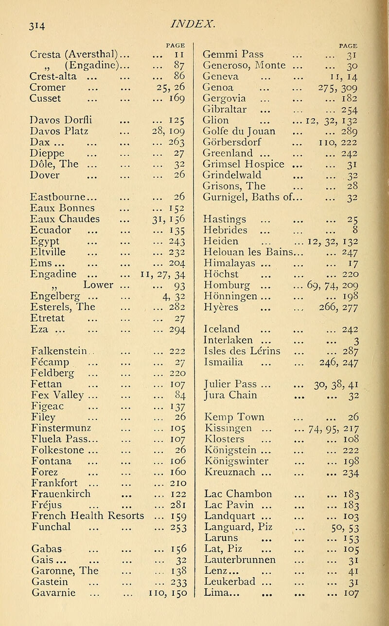 PAGE PAGE Cresta (Aversthal)... ... II Gemmi Pass ... 31 „ (Engadine)... ... 87 Generoso, Monte .. ... 30 Crest-alta ... 86 Geneva 11,14 Cromer 25, 26 Genoa • 275, 309 Cusset ... 169 Gergovia ... 182 Gibraltar ... 254 Davos Dorfli ... 125 Glion . 12, 32, I32 Davos Platz 28, 109 Golfe du Jouan ... 289 Dax ... 263 Gorbersdorf no, 222 Dieppe ... 27 Greenland ... ... 242 Dole, The ... ... 32 Grimsel Hospice .. ... 31 Dover ... 26 Grindelwald ... 32 Grisons, The ... 28 Eastbourne... ... 26 Gurnigel, Baths of.. ... 32 Eaux Bonnes ... 152 Eaux Chaudes 3i, lS6 Hastings ... 25 Ecuador ••• 135 Hebrides ... 8 Egypt ... 243 Heiden ■ 12, 32, 132 Eltville ... 232 Helouan les Bains.. ... 247 Ems... ... 204 Himalayas ... ... 17 Engadine i i, 27, 34 Hochst ... 220 „ Lower ... ■•• 93 Homburg ... • 69, 74, 209 Engelberg 4, 32 Honningen ... ... 198 Esterels, The ... 282 Hyeres 266, 277 Etretat ... 27 Eza ... ... 294 Iceland ... 242 Interlaken ... ... 3 Falkenstein.. 222 Isles des Lerins ... 287 Fecamp ... 27 Ismailia • 246, 247 Feldberg ... 220 Fettan ... 107 Julier Pass ... • 30, 38, 41 Fex Valley ... ... 84 Jura Chain ... 32 Figeac ••■ 137 Filey ... 26 Kemp Town ... 26 Finstermunz ... 105 Kissingen ... • 74, 95, 217 Fluela Pass... ... 107 Klosters ... 108 Folkestone ... ... 26 Konigstein ... ... 222 Fontana ... 106 Konigswinter ... 198 Forez ... 160 Kreuznach ... ... 234 Frankfort ... ... 210 Frauenkirch ... 122 Lac Chambon . ... 183 Frejus ... 281 Lac Pavin ... . ... 183 French Health Resorts ... 159 Landquart ... ... 103 Funchal ... 253 Languard, Piz 5o, 53 Laruns ... 153 Gabas ... 156 Lat, Piz ... 105 Gais ... 32 Lauterbrunnen ... 31 Garonne, The ... 138 Lenz... ... 41 Gastein •-• 233 Leukerbad ... ... 31 Gavarnie 110, 150 Lima ... 107
