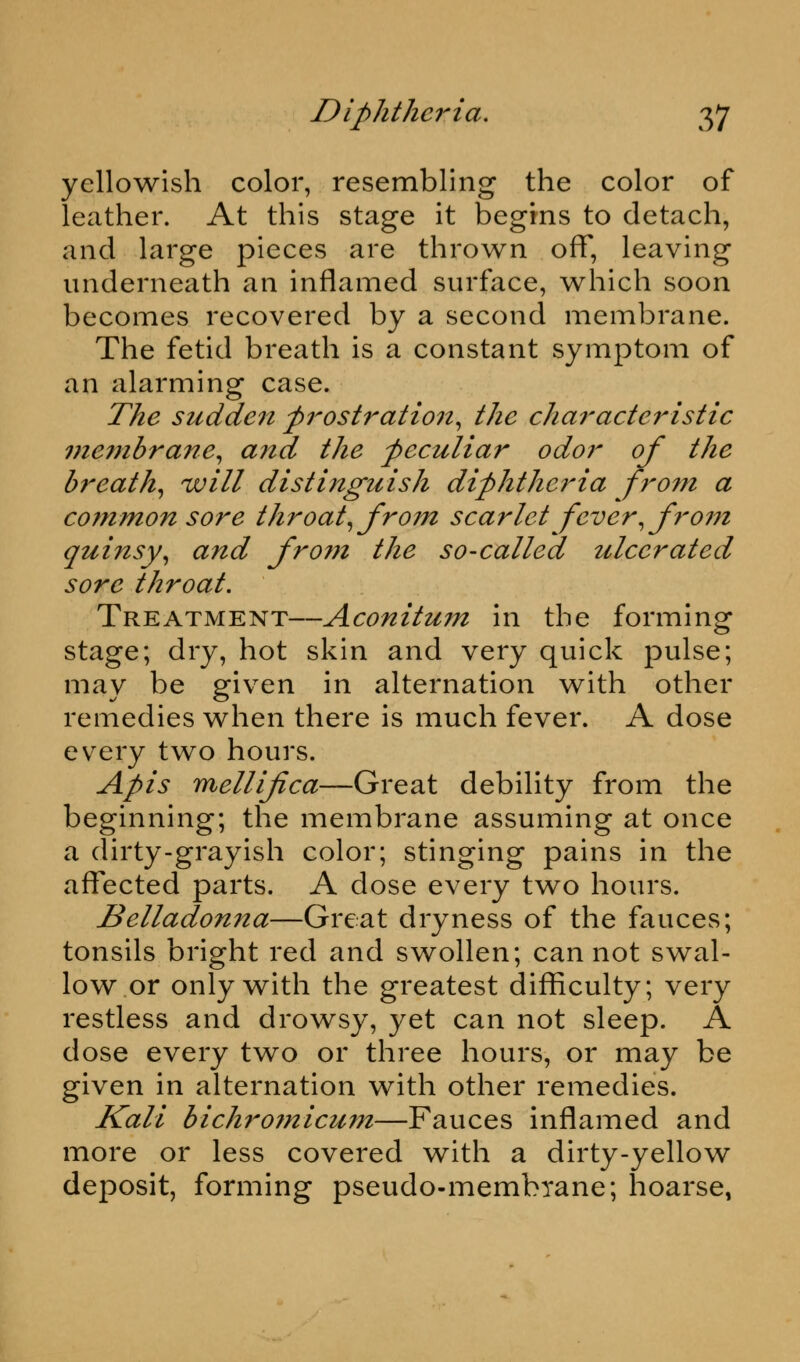 yellowish color, resembling the color of leather. At this stage it begins to detach, and large pieces are thrown off, leaving underneath an inflamed surface, which soon becomes recovered by a second membrane. The fetid breath is a constant symptom of an alarming case. The sudden prostration, the characteristic me?nbrane, and the peculiar odor of the breath, will distinguish diphtheria from a common sore throat, from scarlet fever, from quinsy, and fro?7t the so-called ulcerated sore throat. Treatment—Aconitum in the forming stage; dry, hot skin and very quick pulse; may be given in alternation with other remedies when there is much fever. A dose every two hours. Apis mellifica—Great debility from the beginning; the membrane assuming at once a dirty-grayish color; stinging pains in the affected parts. A dose every two hours. Belladonna—Great dryness of the fauces; tonsils bright red and swollen; cannot swal- low or only with the greatest difficulty; very restless and drowsy, yet can not sleep. A dose every two or three hours, or may be given in alternation with other remedies. Kali bichrojnicum—Fauces inflamed and more or less covered with a dirty-yellow deposit, forming pseudo-membrane; hoarse,