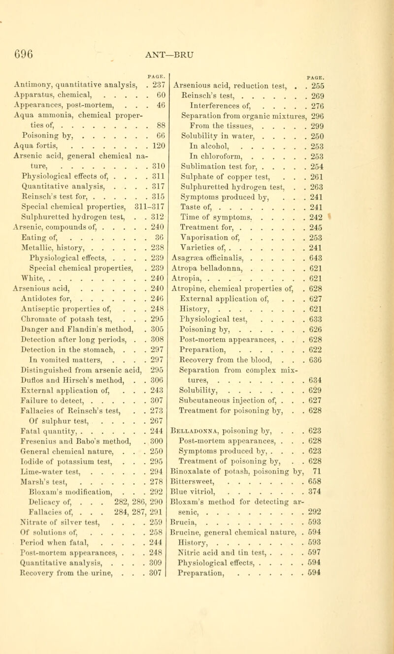 Antimony, quantitative analysis, Apparatus, chemical, . . . . , Appearances, post-mortem, . . , Aqua ammonia, chemical proper- ties of, Poisoning by, Aqua fortis, Arsenic acid, general chemical na- ture, Physiological effects of, ... . Quantitative analysis, . . . . Reinsch's test for, Special chemical properties, 311 Sulphuretted hydrogen test, . . Arsenic, compounds of, Eating of, Metallic, history, Physiological effects, . . . . Special chemical properties, White, Arsenious acid, Antidotes for, Antiseptic properties of, . . . Chromate of potash test, . . . Danger and Flandin's method, Detection after long periods, . . Detection in the stomach, . . . In vomited matters, . Distinguished from arsenic acid, Duflos and Hirsch's method, External application of, . . . Failure to detect, Fallacies of Reinsch's test, . . Of sulphur test, Fatal quantity, Fresenius and Babo's method, General chemical nature, . . . [odide of potassium test, . . . Lime-water test, Marsh's test, Bloxam's modification, . . . Delicacy of, . . . 282, 286, Fallacies of, . . . 284, 287, Nitrate of silver test, I if boIuI ions of, Period when fatal, PosUmortem appearances, Quantitative analysis, Recovery from the urine PAGE. . 237 . 60 , 46 66 120 310 311 317 315 -317 312 240 36 238 239 239 240 240 246 248 295 305 308 297 297 295 306 243 307 273 267 244 300 250 295 294 278 292 290 291 259 258 244 248 309 307 PAGE. Arsenious acid, reduction test, . . 255 Reinsch's test, 269 Interferences of, 276 Separation from organic mixtures, 296 From the tissues, 299 Solubility in water, 250 In alcohol, 253 In chloroform, 253 Sublimation test for, 254 Sulphate of copper test, . . . 261 Sulphuretted hydrogen test, . . 263 Symptoms produced by, . . . 241 Taste of, 241 Time of symptoms. 242 Treatment foi-, 245 Vaporisation of, 253 Varieties of, 241 Asagraea officinalis, 643 Atropa belladonna, 621 Atropia, 621 Atropine, chemical properties of, . 628 External application of, ... 627 History, 621 Physiological test, 633 Poisoning by, 626 Post-mortem appearances, . . . 628 Preparation, 622 Recovery from the blood, . . . 636 Separation from complex mix- tures, 634 Solubility, 629 Subcutaneous injection of, . . . 627 Treatment for poisoning by, . . 628 Belladonna, poisoning by, . . . 623 Post-mortem appearances, . . . 628 Symptoms produced by, .... 623 Treatment of poisoning by, . . 628 Binoxalate of potash, poisoning by, 71 Bittersweet, 658 Blue vitriol, 374 Bloxam's method for detecting ar- senic, 292 Brucia, 593 Brucine, general chemical nature, . 594 History, 593 Nitric acid and tin test, .... 597 Physiological effects, 594 Preparation, 594