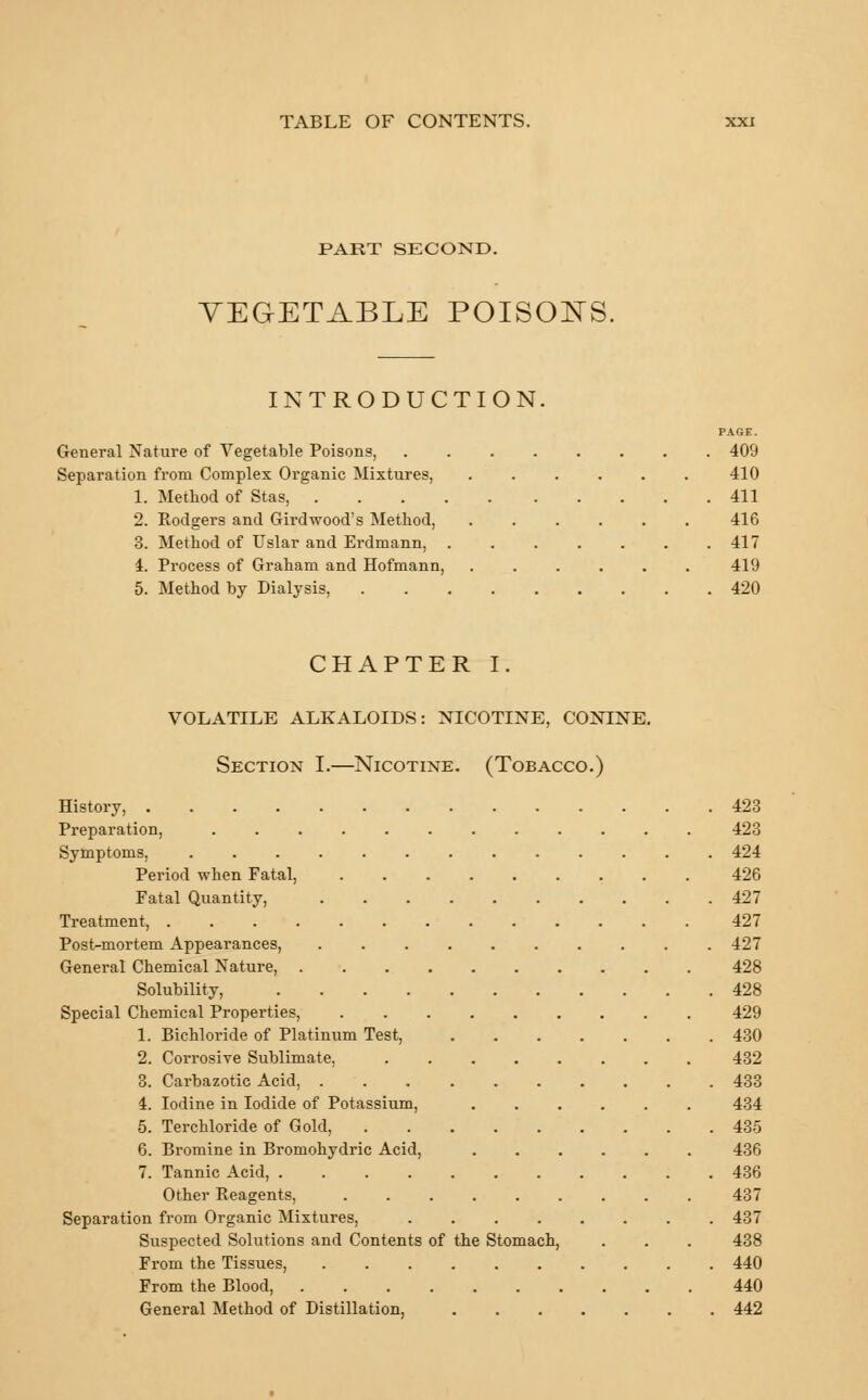 PART SECOND. VEGETABLE POISONS. INTRODUCTION. PAGE. General Nature of Vegetable Poisons, 409 Separation from Complex Organic Mixtures, ...... 410 1. Method of Stas, 411 2. Rodgers and Gird wood's Method, 416 3. Method of TJslar and Erdmann, 417 4. Process of Graham and Hofmann, ...... 419 5. Method by Dialysis, 420 CHAPTER I. VOLATILE ALKALOIDS: NICOTINE, CONINE. Section I.—Nicotine. (Tobacco.) History, 423 Preparation, 423 Symptoms, 424 Period when Fatal, 426 Fatal Quantity, 427 Treatment, 427 Post-mortem Appearances, 427 General Chemical Nature, 428 Solubility, 428 Special Chemical Properties, 429 1. Bichloride of Platinum Test, 430 2. Corrosive Sublimate, 432 3. Carbazotic Acid, 433 4. Iodine in Iodide of Potassium, 434 5. Terchloride of Gold, 435 6. Bromine in Bromohydric Acid, 436 7. Tannic Acid, 436 Other Reagents, 437 Separation from Organic Mixtures, 437 Suspected Solutions and Contents of the Stomach, . . . 438 From the Tissues, 440 From the Blood, 440 General Method of Distillation, 442