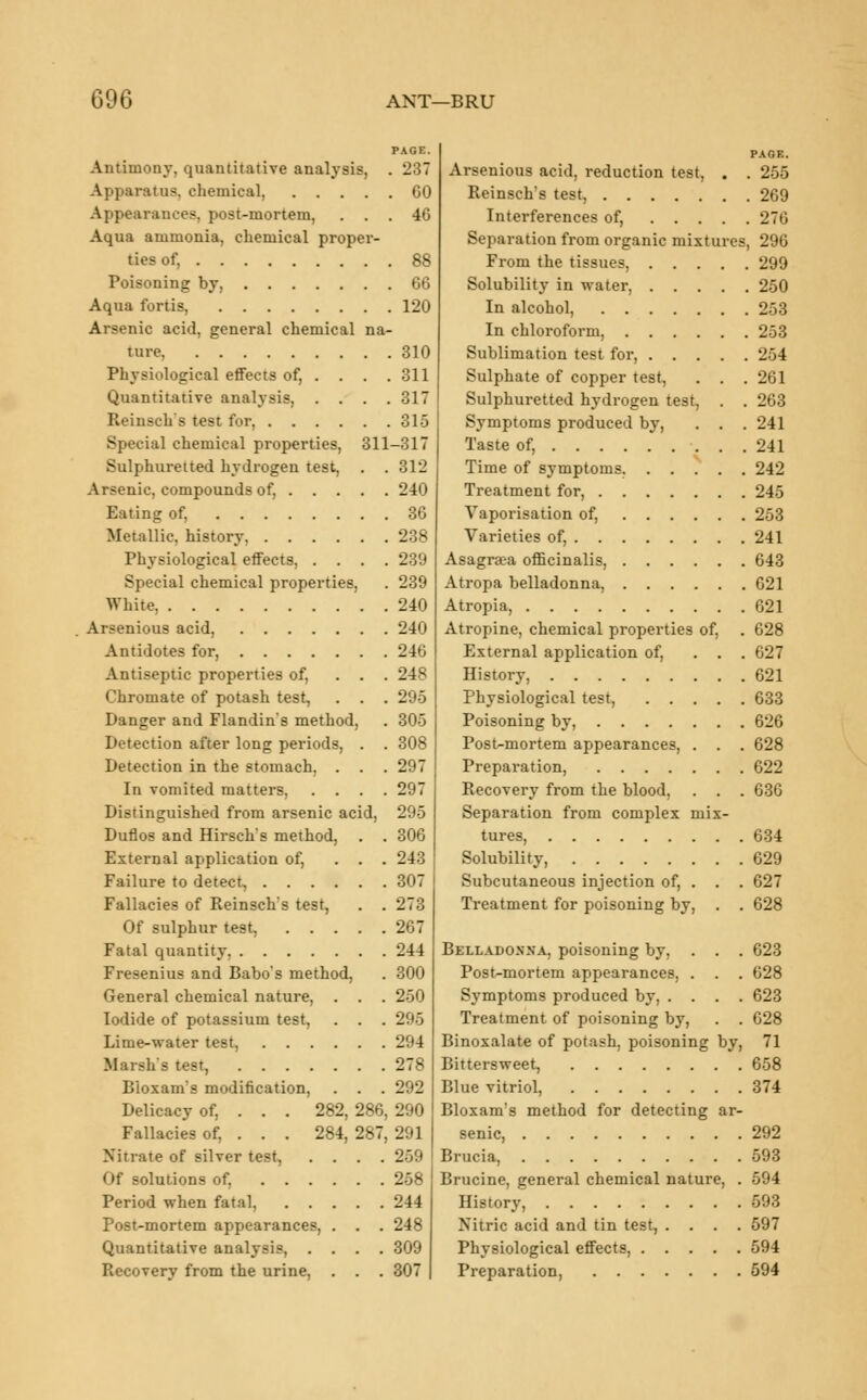 out; ANT—BRU PAGE. Antimony, quantitative analysis, . 237 Apparatus, chemical, GO Appearances, post-mortem, ... 46 Aqua ammonia, chemical proper- ties of, 88 Poisoning by, 66 Aqua fortis, 12o Arsenic acid, general chemical na- ture, 310 Physiological effects of, . . . .311 Quantitative analysis, .... 317 Reinsch's test for, 315 Special chemical properties, 311-317 Sulphuretted hydrogen test, . . 312 Arsenic, compounds of, 240 Eating of, 36 Metallic, history, 238 Physiological effects, .... 239 Special chemical properties, . 239 White, 240 Arsenious acid, 240 Antidotes for, 24G Antiseptic properties of, ... 248 Chromate of potash test, . . . 295 Danger and Flandin's method, . 305 Detection after long periods, . . 308 Detection in the stomach, . . . 297 In vomited matters, .... 297 Distinguished from arsenic acid, 295 Duflos and Hirsch's method, . . 306 External application of, ... 243 Failure to detect, 307 Fallacies of Reinsch's test, . . 273 Of sulphur test. 267 Fatal quantity 244 Fresenius and Babo's method, . 300 General chemical nature, . . . 250 Iodide of potassium test, . . . 295 Lime-water test, 294 Marsh's test, 278 Bioxam's modification, . . . 292 Delicacy of, . . . 282, 286, 290 Fallacies of, . . . 284, 287, 291 Nitrate of silver test, .... 259 Of solutions of, 258 Period when fatal, 244 Post-mortem appearances, . . . 248 Quantitative analysis, .... 309 Recovery from the urine, . . . 307 | PAGE. Arsenious acid, reduction test, . . 255 Reinsch's test, 269 Interferences of, 276 Separation from organic mixtures, 296 From the tissues, 299 Solubility in water, 250 In alcohol, 253 In chloroform, 253 Sublimation test for, 254 Sulphate of copper test, . . . 261 Sulphuretted hydrogen test, . . 263 Symptoms produced by, . . . 241 Taste of, 241 Time of symptoms, 242 Treatment for, 245 Vaporisation of, 253 Varieties of, 241 Asagraea officinalis, 643 Atropa belladonna, 621 Atropia, 621 Atropine, chemical properties of, . 628 External application of, ... 627 History, 621 Physiological test, 633 Poisoning by, 626 Post-mortem appearances, . . . 628 Preparation, 622 Recovery from the blood, . . . 636 Separation from complex mix- tures, 634 Solubility, 629 Subcutaneous injection of, . . . 627 Treatment for poisoning by, . . 628 Belladonna, poisoning by, . . . 623 Post-mortem appearances, . . . 628 Symptoms produced by, .... 623 Treatment of poisoning by, . . 628 Binoxalate of potash, poisoning by, 71 Bittersweet, 658 Blue vitriol, 374 Bioxam's method for detecting ar- senic, 292 Brucia, 593 Brucine, general chemical nature, . 594 History, 593 Nitric acid and tin test, .... 597 Physiological effects, 594 Preparation, 594