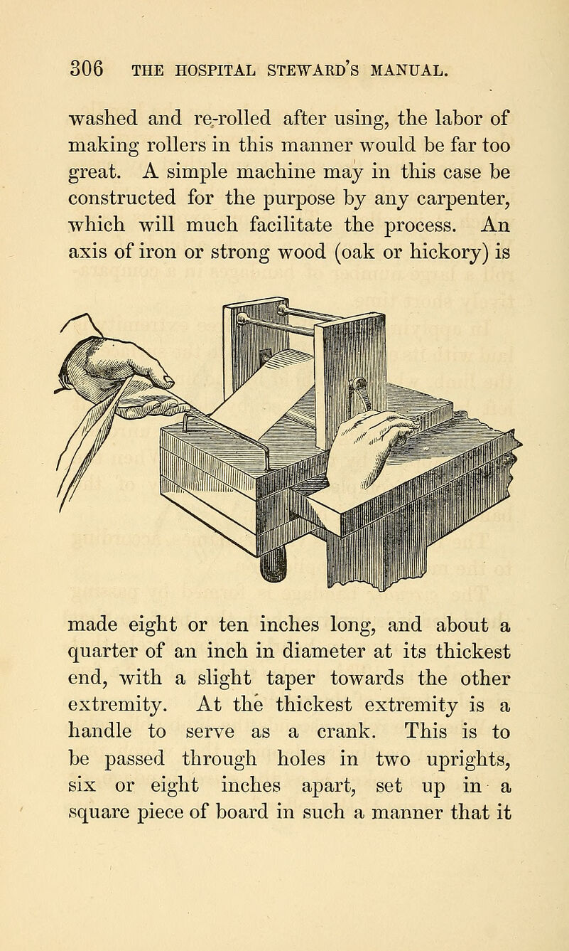 washed and re-rolled after using, the labor of making rollers in this manner would be far too great. A simple machine may in this case be constructed for the purpose by any carpenter, which will much facilitate the process. An axis of iron or strong wood (oak or hickory) is made eight or ten inches long, and about a quarter of an inch in diameter at its thickest end, with a slight taper towards the other extremity. At the thickest extremity is a handle to serve as a crank. This is to be passed through holes in two uprights, six or eight inches apart, set up in a square piece of board in such a manner that it