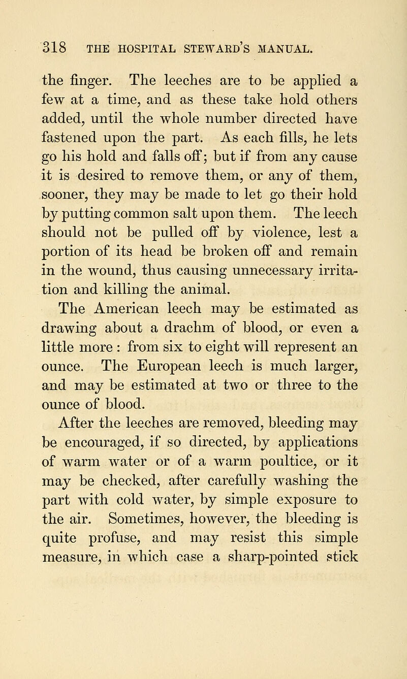 the finger. The leeches are to be applied a few at a time, and as these take hold others added, until the whole number directed have fastened upon the part. As each fills, he lets go his hold and falls off; but if from any cause it is desired to remove them, or any of them, sooner, they may be made to let go their hold by putting common salt upon them. The leech should not be pulled off by violence, lest a portion of its head be broken off and remain in the wound, thus causing unnecessary irrita- tion and killing the animal. The American leech may be estimated as drawing about a drachm of blood, or even a little more : from six to eight will represent an ounce. The European leech is much larger, and may be estimated at two or three to the ounce of blood. After the leeches are removed, bleeding may be encouraged, if so directed, by applications of warm water or of a warm poultice, or it may be checked, after carefully washing the part with cold water, by simple exposure to the air. Sometimes, however, the bleeding is quite profuse, and may resist this simple measure, in which case a sharp-pointed stick