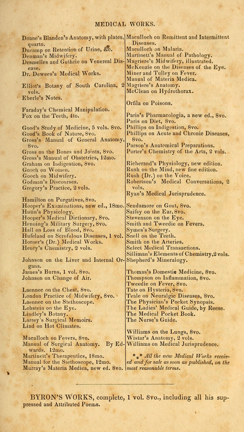 Doane's Blanden's Anatomy, with plates, quarto. 9 Ducamp on Retention of Urine, &c. Denman's Midwifery. Desmelles and Guthrie on Venereal Dis- ease. Dr. Dewees's Medical Works. Elliot's Botany of South Carolina, 2 vols. Eberle's Notes. Faraday's Chemical Manipulation. Fox on the Teeth, 4to. Good's Study of Medicine, 5 vols. Svo. Good's Book of Nature, 8vo. Gross's Manual of General Anatomy, Svo. Gross on the Bones and Joints, 8vo. Gross's Manual of Obstetrics, 12mo. Graham on Indigestion, 8vo. Gooch on Women. Gooch on Midwifery. Godman's Discourses. Gregory's Practice, 2 vols. Hamilton on Purgatives, 8vo. Hooper's Examinations, new ed., 18mo. Hutin's Physiology. Hooper's Medical Dictionary, 8vo. Henning's Military Surgery, 8vo. Hall on Loss of Blood, 8vo. Hufeland on Scrofulous Diseases, 1 vol. Horner's (Dr.) Medical Works. Henry's Chemistry, 2 vols. Johnson on the Liver and Internal Or- gans. James's Burns, 1 vol. 8vo. Johnson on Change of Air. Laennec on the Chest, 8vo. London Practice of Midwifery, 8vo. Laennec on the Stethoscope. Lobstein on the Eye. Lindley's Botany. Larrey's Surgical Memoirs. Lind on Hot Climates. Maculloch on Fevers, 8vo. Manual of Surgical Anatomy. By Ed- wards. 12mo. Martinett's Therapeutics, 18mo. Manual for the Stethoscope, 12mo. Murray's Materia Medica, new ed. 8vo. Maculloch on Remittent and Intermittent Diseases. Maculloch on Malaria. Martinett's Manual of Pathology. Magriere's Midwifery, illustrated. McKenzie on the Diseases of the Eye. Miner and Tulley on Fever. Manual of Materia Medica. Magriere's Anatomy. McClean on Hydrothorax. Orfila on Poisons. Paris's Pharmacologia, a new ed., 8vo. Paris on Diet, 8vo. Phillips on Indigestion, 8vo. Phillips on Acute and Chronic Diseases, 8vo. Parson's Anatomical Preparations. Porter's Chemistry of the Arts, 2 vols. Richerand's Physiology, new edition. Rush on the Mind, new fine edition. Rush (Dr.) on the Voice. Robertson's Medical Conversations, 2 vols. Ryan's Medical Jurisprudence. Scudamore on Gout, 8vo. Saifsy on the Ear, 8vo. Stevenson on the Eye. Smith and Tweedie on Fevers. Symes's Surgery. Snell on the Teeth. Smith on the Arteries. Select Medical Transactions. Silliman's Elements of Chemistry,2 vols. Shepherd's Mineralogy. Thomas's Domestic Medicine, 8vo. Thompson on Inflammation, 8vo. Tweedie on Fever, 8vo. Tate on Hysteria, 8vo. Teale on Neuralgic Diseases, 8vo. The Physician's Pocket Synopsis. The Ladies' Medical Guide, by Reese. The Medical Pocket Book. The Nurse's Guide. Williams on the Lungs, 8vo. Wistar's Anatomy, 2 vols. Williams on Medical Jurisprudence. *#* Ml the new Medical Works receiv- ed and for sale as soon as published, on the most reasonable terms. BYRON'S WORKS, complete, 1 vol. 8vo., including all his sup- pressed and Attributed Poems.