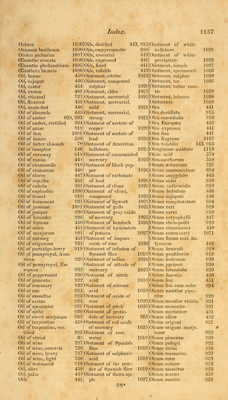 Ochres m:io Ociinum basilicum 1030 Ocotea pichurim 1097 ffinanthe crocata 1090 CEnanthe phcllandrium 1095 CEnothera biennis 1090 Oil, benne 458 Oil, cajuput Oil, castor 446 454 Oil, croton 461 Oil, ethereal 727 Oil, flaxseed 451 Oil, neats-foot 446 Oil of almonds 445 Oil of amber 629,923 Oil of amber, rectified 924 Oil of anise 918 Oil of ben 1091 Oil of benne 598 Oil of bitter almonds 78 Oil of camphor 146 Oil of caraway 919 Oil of cassia 449 Oil of chamomile 918 Oil of cinnamon 448 Oil of cloves 447 Oil of copaiba 251 Oil of cubebs 261 Oil of euphorbia 1090 Oil of fennel 919 Oil of horsemint 921 Oil of jasmine 1091 Oil of juniper Oil of lavender 920 920 Oil of lemons 450 Oil of mace 451 Oil of marjoram 921 Oil of nutmeg Oil of origanum Oil of partridge-berry 451 921 919 Oil of pennyroyal, Ame- rican 920 Oil of pennyroyal, Eu- ropean 922 Oil of peppermint Oil of pimento 920 922 Oil of rosemary 922 Oil of rue 923 Oil of sassafras 923 Oil of savine 923 Oil of spearmint Oil of spike 921 920 Oil of sweet marjoram 922 Oil of turpentine Oil of turpentine, rec- tified 458 925 Oil of vitriol 39 Oil of wine 727 Oil of wine, concrete 728 Oil of wine, heavy Oil of wine, light 727 728 Oil of wormseed 919 Oil, olive 452 Oil, palra Oils 449 441 413,915 699 443 441 441 443 1023 Oils, distilled Oils, empyreumatic Oils, essential Oils, expressed Oils, fixed Oils, volatile Ointment, citrine Ointment, compound sulphur Ointment, elder Ointment, mercurial Ointment, mercurial, mild Ointment, mercurial, strong Ointment of acetate of copper Ointment of acetate of lead Ointment of American hellebore Ointment of ammoniated mercury 1023 Ointment of black pep- per Ointment of carbonate of lead Ointment of elemi Ointment of elemi, compound Ointment of figwort Ointment of galls Ointment of gray oxide of mercury Ointment of hemlock Ointment of hydriodate ofpotassa 1027 Ointment of impure oxide of zinc 1030 Ointment of infusion of Spanish flies 1019 Ointment of iodine 1026 Ointment of nitrate of mercury 1023 Ointment of nitric acid Ointment of nitrous acid Ointment of oxide of zinc Ointment of pitch Ointment of protio- dide of mercury Ointment of red oxide of mercury Ointment of rose water Ointment of Spanish flies Ointment of sulphuric acid Ointment of the pow- der of Spanish flics Ointment of thorn-ap- ple 9S* Ointment of white hellebore 1029 Ointment of white precipitate 1023 Ointment, simple 1027 < lintment, spermaceti 1020 Ointment, sulphur L028 Ointment, tar 1026 Ointment, tartar eme- tic 1029 Ointment, tobacco L028 Ointments 1018 Olea 441 Olea destillata 915 Olea essentialia 916 Olea Europaea 452 Olea cxpressa 441 Olea fixa 441 Olea fragrans ] 107 Olea volatilia 443, 915 Oleaginous mixture 1118 Oleic acid 570 Oleo-saccharum 559 Oleum eethereum 727 Oleum ammoniatum 894 Oleum amygdala? 445 Oleum anisi 918 Oleum anthemidis 918 Oleum bubulum 446 Oleum cajuputi 446 Oleum camphoratum 894 Oleum cari 919 Oleum carui 919 Oleum caryophvlli 447 Oleum chenopodii 919 Oleum cinnamomi 448 Oleum cornu cervi 1071 Oleum fixum coci bu- tyraceee 443 Oleum foeniculi 919 Oleum gaultherise 919 Oleum hedeomse 920 Oleum juniperi 920 Oleum lavandula? 920 Oleum limonis 450 Oleum lini 451 Oleum lini cum calce 894 Oleum menthse pipe- rita? 920 Oleum menthae viridis 921 Oleum monardse 921 Oleum myristicee 451 Oleum diva? 452 lOleum origani 921 1025iOlcum origani marjo- I ranre 922 1019jOleum pimentae 922 jOleum pulegii 922 1019 Oleum ricini 45 4 lOleum rosmarini 922 1018'Oleumrutae 923 (Oleum sabinn? 923 1019 Oleum sassafras 923 Oleum sesami 45 ^ 1027 Oleum succini 923 1028 1027 1021 1021 1021 1020 1026 1029 1026 1026 1020 1020 1027 1021 1025 1020 1018 1018 1029 1026 363