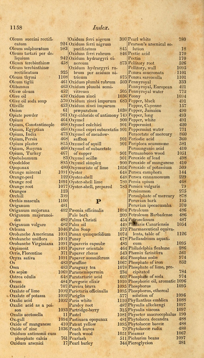 Oleum succini rectifi- Oxidum ferri nigrum 300 Pearl white 780 catum 924 Oxidum ferri nigrum Pearson's arsenical so- Oleum sulphuratum 983 purificatum 845 lution 18 Oleum tartari per de- Oxidum ferri rubrum 846 Pectic acid 170 liquium 942 Oxidum hydrargyri ci- Pectin 170 Olqum terebinthinae 458 nereum 873 Pellitory root 526 Oleum terebinthinae Oxidum hydrargyri ru . Pellitory, wall 1095 rectificatum 925 brum per acidum ni Penaea mucronata 1101 Oleum thymi 1108 tricum 875 Penaea sarcocolla 1101 Oleum tiglii 461 Oxidum plumbi rubrum 503 Pennyroyal 333 Olibanum 463 Oxidum plumbi semi- Pennyroyal, European 421 Olivae oleum 452 vitreum 505 Pennyroyal water 772 Olive oil 452 Oxidum zinci 1036 Peony 1094 Olive oil soda soap 570 Oxidum zinci impurum 683 Pepper, black 491 Oliville 453 Oxidum zinci impurum Pepper, Cayenne 157 Onion 61 prseparatum 1038 Pepper, Jamaica 490 Opiate powder 961 Oxy-chloride of antimony 749 Pepper, long 493 Opium 464 Oxymel 900 Pepper, white 491 Opium, Constantinople 468 Oxymel colchici 901 Peppermint 420 Opium, Egyptian 468 Oxymel cupri subacetatis 901 Peppermint water 771 Opium, India 473 Oxymel of meadow- Peracetate of mercury 860 Opium, Persia 468 saffron 901 Periodic acid 360 Opium plaster 815 Oxymel of squill 901 Periploca scammone 581 Opium, Smyrna 468 Oxymel of subacetate Permanganic acid 410 Opium, Turkey 467 of copper 901 Pernambuco wood 1051 Opobalsamum 83 Oxymel scillae 901 Peroxide of lead 498 Opodeldoc 895 Oxymel simplex 900 Peroxide of manganese 410 Opopanax 480 Oxymuriate of lime 1056 Peroxide of potassium 509 Orange mineral 1091 Oyster 648 Persea camphora 144 Orange-peel 122 Oyster-shell 648 Persea cinnamomum 229 Orange red 1091 Oyster-shell lime 780 Persia opium 468 Orange root 1077 Oyster-shell, prepared 783 Persica vulgaris 79 Oranges 123 Persimmon 275 Orchill 399 Persulphate of mercury 878 Orchis mascula 1100 P Peruvian bark 195 Origanum 481 Peruvian ipecacuanha 370 Origanum majorana 482 Paeonia officinalis 1094 Petroleum 486 Origanum majoranoi- Pale bark 209 Petroleum Barbadense 486 des 482 Palma Christi 454 Petroselinum PMaris Canadensis 487 Origanum vulgare 482 Palm oil 449 1054 Orleana 1046 Palm Soap 572 Pharmaceutical equiva- Orobanche Americana 1091 Panax quinquefolium 1074 lents, table of 1126 Orobanche uniflora 1091 Pansy 678 Phellandrium aquati- Orobanche Virginiana 1091 Papaveris capsulae 485 cum 1095 Orpiment 1091 Papaver orientale 464 Philadelphia fleabane 286 Orris, Florentine 371 Papaver rhoeas 543 Phoenix farinifera 561 Oryza sativa 1091 Papaver somniferum 464 Phosphas sodae 974 Os 483 Paraffine 1067 Phosphate of iron 852 Ossa 483 Paraguay tea 1078 Phosphate of lime, pre- Os sepiae 1069 Paramenispermin 234 cipitated 784 Ostrea edulis 648 Paratartaric acid 662 Phosphate of soda 974 Ovum 484 Paregoric elixir 1010 Phosphoric oil, aromatic 1096 Oxacids 707 Pareira brava 1095 Phosphorus 1095 Oxalate of lime 1092 Parietaria officinalis 1095 Phosphorus, ethereal Oxalate of potassa 1092 Pariglin 577 solution of 1096 Oxalic acid 1092 Paris white 1110 Phyllanthus emblica 1088 Oxalic acid as a poi- Parsley root 487 Physalis alkekengi 1097 son 1093 Partridge-berry 315 Physalis viscosa 1097 Oxalis acetosella 11 Pastel 1081 Physeter macrocephalus 190 Ox-gall 1094 Pastinaca opopanax 481 Phytolacca decandra 488 Oxide of manganese 410 Patent yellow 1095 Phytolaccae baccae 488 Oxide of zinc 1036 Peach leaves 79 Phytolacca radix 488 Oxidum antimonii cum Peach wood 1051 Picamar 1067 phosphate calcis 761 Pearlash 511 Pichurim beans 1097 Oxidum arsenici 17 Pearl barley 344 Picroglycion 281