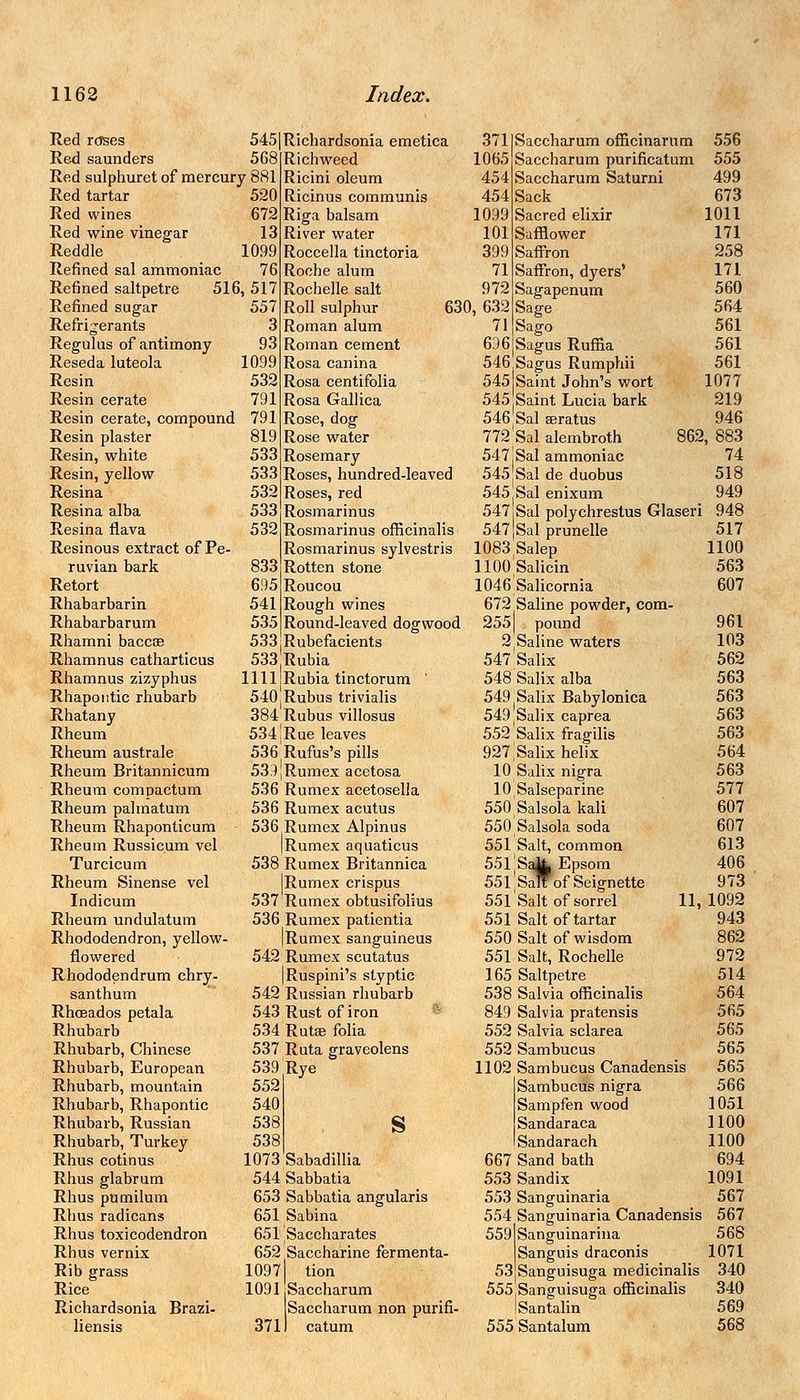 Red roses 545 Richardsonia emetica 371 Saccharum officinarum 556 Red saunders 568 Richweed 1065 Saccharum purificatum 555 Red sulphuret of mercury 881 Ricini oleum 454 Saccharum Saturni 499 Red tartar 520 Ricinus communis 454 Sack 673 Red wines 672 Riga balsam 1099 Sacred elixir 1011 Red wine vinegar 13 River water 101 Safflower 171 Reddle 1099 Roccella tinctoria 399 Saffron 258 Refined sal ammoniac 76 Roche alum 71 Saffron, dyers' 171 Refined saltpetre 511 i, 517 Rochelle salt 972 Sagapenum 560 Refined sugar 557 Roll sulphur 630, 632 Sage 564 Refrigerants 3 Roman alum 71 Sago 561 Reguhis of antimony 93 Roman cement 696 Sagus Ruffia 561 Reseda luteola 1099 Rosa can in a 546 Sagus Rumphii 561 Resin 532 Rosa centifolia 545 Saint John's wort 1077 Resin cerate 791 Rosa Gallica 545 Saint Lucia bark 219 Resin cerate, compound 791 Rose, dog 546 Sal seratus 946 Resin plaster 819 Rose water 772 Sal alembroth 86S , 883 Resin, white 533 Rosemary 547,8a! ammoniac 74 Resin, yellow 533 Roses, hundred-leaved 545 Sal de duobus 518 Resina 532 Roses, red 545 Sal enixum 949 Resina alba 533 Rosmarinus 547 Sal polychrestus Glaseri 948 Resina flava 532 Rosmarinus officinalis 547 Sal prunelle 517 Resinous extract of Pe- Rosmarinus sylvestris 1083 Salep 1100 ruvian bark 833 Rotten stone llOOSalicin 563 Retort 695 Roucou 1046 Salicornia 607 Rhabarbarin 541 Rough wines 672 Saline powder, com- Rhabarbarum 535 Round-leaved dogwood 255 pound 961 Rhamni baccae 533 Rubefacients 2 tSaline waters 103 Rhamnus catharticus 533 Rubia 547 Salix 562 Rhamnus zizyphus 1111 Rubia tinctorum ' 548 Salix alba 563 Rhapontic rhubarb 540.Rubus trivialis 549 Salix Babylonica 563 Rhatany 384 Rubus villosus 549 Salix caprea 563 Rheum 534;Rue leaves 552 Salix fragilis 563 Rheum australe 536 Rufus's pills 927; Salix helix 564 Rheum Britannicum 53,9 j Rum ex acetosa 10 Salix nigra 563 Rheum compactum 536 Rumex acetosella lOSalseparine 577 Rheum palmatum 536 Rumex acutus 550 Salsola kali 607 Rheum Rhaponticum 536 Rumex Alpinus 550 Salsola soda 607 Rheum Russicum vel |Rumex aquaticus 551 Salt, common 613 Turcicum 538 Rumex Britannica 551 Salt Epsom 551' Salt of Seignette 406 Rheum Sinense vel Rumex crispus 973 Indicum 537 Rumex obtusifolius 551 Salt of sorrel 11, 1092 Rheum undulatum 536 Rumex patientia 551 Salt of tartar 943 Rhododendron, yellow- |Rumex sanguineus 550 Salt of wisdom 862 flowered 542 Rumex scutatus 551 Salt, Rochelle 972 Rhododendrum chry- |Ruspini's styptic 165 Saltpetre 514 santhum 542 Russian rhubarb 538 Salvia officinalis 564 Rhceados petala 543 Rust of iron 849 Salvia pratensis 565 Rhubarb 534 Rutse folia 552 Salvia sclarea 565 Rhubarb, Chinese 537 Ruta graveolens 552 Sambucus 565 Rhubarb, European 539 Rye 1102 Sambucus Canadensis 565 Rhubarb, mountain 552 Sambucus nigra 566 Rhubarb, Rhapontic 540 Sampfen wood 1051 Rhubarb, Russian 538 s Sandaraca 1100 Rhubarb, Turkey 538 Sandarach 1100 Rhus cotinus 1073 Sabadillia 667 Sand bath 694 Rhus glabrum 544 Sabbatia 553 Sandix 1091 Rhus pumilum 653 Sabbatia angularis 553 Sanguinaria 567 Rhus radicans 651 Sabina 554 Sanguinaria Canadensis 567 Rhus toxicodendron 651 Saccharates 559|Sanguinarina 568 Rhus vernix 652 Saccharine fermenta- Sanguis draconis 1071 Rib grass 10971 tion 53 Sanguisuga medicinalis 340 Rice 1091 ,Saccharum 555 Sanguisuga officinalis 340 Richardsonia Brazi- [Saccharum non purifi- Santalin 569 liensis 371 1 catum 555 Santalum 568