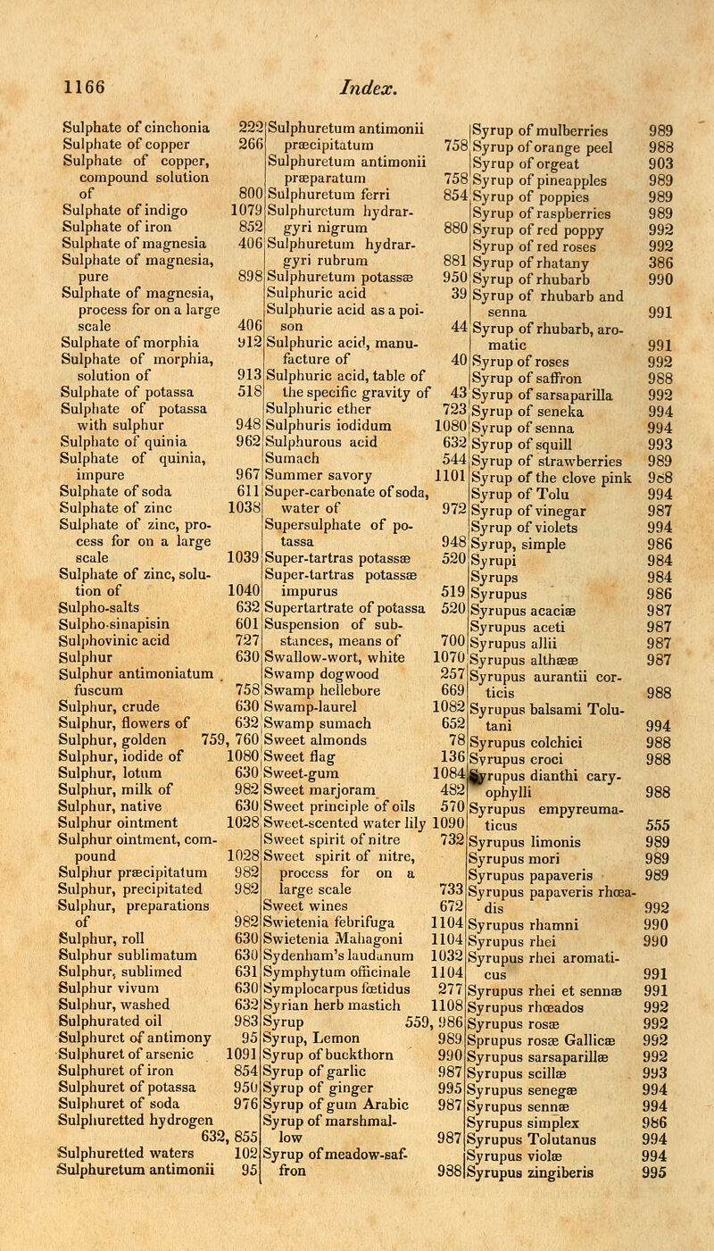 222 266 Sulphate of cinchonia Sulphate of copper Sulphate of copper, compound solution of Sulphate of indigo Sulphate of iron Sulphate of magnesia Sulphate of magnesia, pure Sulphate of magnesia, process for on a large scale Sulphate of morphia Sulphate of morphia, solution of Sulphate of potassa Sulphate of potassa with sulphur Sulphate of quinia Sulphate of quinia, impure Sulphate of soda Sulphate of zinc Sulphate of zinc, pro- cess for on a large scale Sulphate of zinc, solu- tion of Sulpho-salts Sulpho-sinapisin Sulphovinic acid Sulphur Sulphur antimoniatum fuscum Sulphur, crude Sulphur, flowers of Sulphur, golden Sulphur, iodide of Sulphur, lotum Sulphur, milk of Sulphur, native Sulphur ointment Sulphur ointment, com- pound Sulphur prsecipitatum Sulphur, precipitated Sulphur, preparations of Sulphur, roll Sulphur sublimatum Sulphur, sublimed Sulphur vivum Sulphur, washed Sulphurated oil Sulphuret of antimony Sulphuret of arsenic Sulphuret of iron Sulphuret of potassa Sulphuret of soda Sulphuretted hydrogen 632, 855 Sulphuretted waters 102 Sulphuretum antimonii 95 Sulphuretum antimonii praecipitatum Sulphuretum antimonii praeparatum 800 Sulphuretum ferri 1079 Sulphuretum hydrar- 852) gyri nigrum 406 Sulphuretum hydrar- gyri rubrum Sulphuretum potassa? Sulphuric acid Sulphuric acid as a poi- son Sulphuric acid, manu- facture of Sulphuric acid, table of the specific gravity of Sulphuric ether Sulphuris iodidum Sulphurous acid Sumach Summer savory Super-carbonate of soda, 406 912 913 518 948 962 967 611 1038 water of Supersulphate of po- tassa Super-tartras potassae Super-tartras potassae impurus Supertartrate of potassa Suspension of sub- stances, means of Swallow-wort, white Swamp dogwood Swamp hellebore 630 Swamp-laurel 6321 Swamp sumach 759, 760'Sweet almonds 1080 Sweet flag 630 Sweet-gum 982iSweet marjoram 630 Sweet principle of oils 1039 1040 632 601 727 630 758 881 950 39 44 40 43 1101 972 948 519 520 700 1070 257 669 1082 652 78 136 iSyrup of mulberries 758 Syrup of orange peel Syrup of orgeat 758Syrup of pineapples 854!Syrup of poppies |Syrup of raspberries  Syrup of red poppy Syrup of red roses Syrup ofrhatany Syrup of rhubarb Syrup of rhubarb and senna Syrup of rhubarb, aro- matic Syrup of roses Syrup of saffron Syrup of sarsaparilla 723jSyrup of seneka 1080jSyrup of senna 632,Syrup of squill 544 Syrup of strawberries Syrup of the clove pink Syrup of Tolu Syrup of vinegar Syrup of violets Syrup, simple 20 Syrupi Syrups Syrupus Syrupus acacias Syrupus aceti Syrupus allii Syrupus althseae Syrupus aurantii cor- ticis Syrupus balsami Tolu- tani Syrupus colchici Syrupus croci 1084^prupus dianthi cary- 1028 1028 982 982 982 630 630 631 630 632 983 95 1091 854 950 976 Sweet-scented water lily 1090 Sweet spirit of nitre 732 Sweet spirit of nitre, process for on a large scale 733 Sweet wines 672 Swietenia febrifuga 1104 Swietenia Mahagoni 1104 Sydenham's laudanum 1032 Symphytum officinale 1104 Symplocarpus foetidus 277 Syrian herb mastich 1108 Syrup 559,986 Syrup, Lemon 989 Syrup of buckthorn 990 Syrup of garlic 987 Syrup of ginger 995 Syrup of gum Arabic 987 Syrup of marshmal- low 987 Syrup of meadow-saf- fron 988 482 ophylli 570 Syrupus empyreuma- ticus Syrupus limonis Syrupus mori Syrupus papaveris Syrupus papaveris rhoea- dis Syrupus rhamni Syrupus rhei Syrupus rhei aromati- cus Syrupus rhei et sennas Syrupus rhoeados Syrupus rosae Sprupus rosse Gallicae Syrupus sarsaparillae Syrupus scillae Syrupus senegae Syrupus sennae Syrupus simplex Syrupus Tolutanus Syrupus violae Syrupus zingiberis 989 988 903 989 989 989 992 992 386 990 991 991 992 988 992 994 994 993 989 9 68 994 987 994 986 984 984 986 987 987 987 987 994 988 988 555 989 989 989 992 990 990 991 991 992 992 992 992 9y3 994 994 986 994 994 995