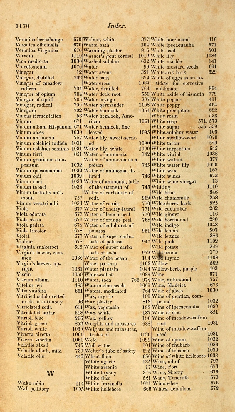Veronica beccabunga Veronica officinalis 670' Veronica Virginica 670 Vervain 1110 Vina medicata 1030 Vincetoxicum 1070 Vinegar 12 Vinegar, distilled 702 Vinegar of meadow- saffron 704 Vinegar of opium 704 Vinegar of squill 705 Vinegar, radical 709 Vinegars 702 Vinous fermentation 53 Vinum 671 Vinum album Hispanum 671 Vinum aloes 1030 Vinum antimonii 757 Vinum colchici radicis 1031 Vinum colchici seminis 1031 670!Walnut, white Vinum ferri Vinum gentianas com- positum Vinum ipecacuanha? Vinum opii Vinum rhei Vinum tabaci Vinum tartratis anti- monii Vinum veratri albi Viola Viola odorata Viola ovata Viola pedata Viola tricolor Violet Violin© Virginia snakeroot Virgin's bower, com- mon Virgin's bower, up- right Viscin Viscum album Vitellus ovi Vitis vinifera Vitrified sulphuretted oxide of antimony Vitriolated soda Vitriolated tartar Vitriol, blue Vitriol, green Vitriol, white Viverra civetta Viverra zibetha Volatile alkali Volatile alkali, mild Volatile oils w 851 1032 1032 1032 1033 1033 757 1033 677 677 677 678 678 677 678 595 1062 1061 1050 1110 485 661 96 611 518 266 852 1039 1061 1061 745 739 443 Wake-robin Wall pellitory 114 1095 Warm bath Warming plaster Warner's gout cordial Washed sulphur Water Water avens Water bath Water-cress Water, distilled Water dock root Water eryngo Water germander Water hemlock Water hemlock, Ame- rican Water hemlock, fine leaved Water lily, sweet-scent ed Water lily, white Water of ammonia Water of ammonia as a poison ( Water of ammonia, di- luted Water of ammonia, table of the strength of Water of carbonate of soda Water of cassia Water of cherry-laurel Water of lemon peel Water of orange peel Water of sulphuret of potassa Water of super-carbo- nate of potassa Water of super-carbo- nate of soda Water of the ocean Water parsnip Water plantain Water-radish Water, soda Watermelon seeds Waters, medicated Wax, myrtle Wax plaster Wax, vegetable Wax, white Wax, yellow Weights and measures Weights and measures, tables of Weld Well water Welter's tube of safetjr Wheat-flour White agaric White arsenic White bryony White flux White fraxinella White hellebore 377 104 816 1012 632 99 321 694 1089 764 550 287 1108 1061 1061 1095 White horehound White ipecacuanha White lead White lily White marble White mustard seeds White-oak bark White of eggs as an an- tidote for corrosive sublimate White oxide of bismuth White pepper White poppy White precipitate White resin White soap White sugar 416 371 501 1084 141 601 529 864 779 491 464 882 533 571, 573 555, 559 White-sulphur water 103 White swallow-wort 1070 1090 White tartar 520 1090 White turpentine 645 742 White vitriol 1038 White walnut 377 745 White water lily 1090 White wax 187 746 White wines 672 White wine vinegar 13 745 Whiting 1110 Wild briar 546 969 Wild chamomile 258 770 Wild-cherry bark 525 771 Wild cucumber 282 770 Wild ginger 116 768 Wild horehound 290 Wild indigo 1048 951 Wild lemon 507 Wild lettuce 386 947 Wild pink 1102 Wild potato 249 972 Wild senna 179 104 Wil thyme 1108 1103 Willow 562 1044 Willow-herb, purple 403 1089 Wine 671 66, 972 Wine, antimonial 757 1069 Wine, Madeira 673 764 Wine of aloes 1030 189 Wine of gentian, com- 813 pound 1032 188 Wine of ipecacuanha 1032 187 Wine of iron 851 186 Wine of meadow-saffron 688 root 1031 Wine of meadow-saffron 1120 seed 1031 1099 Wine of opium 1032 101 Wine of rhubarb 1033 695 Wine of tobacco 1033 656 Wine of white hellebore 1033 135 Wine, oil of 727 17'Wine, Port 673 376 Wine, Sherry 673 521 Wine, Teneriffe 673 1071 Wine-whey 676 666 Wines, acidulous 672
