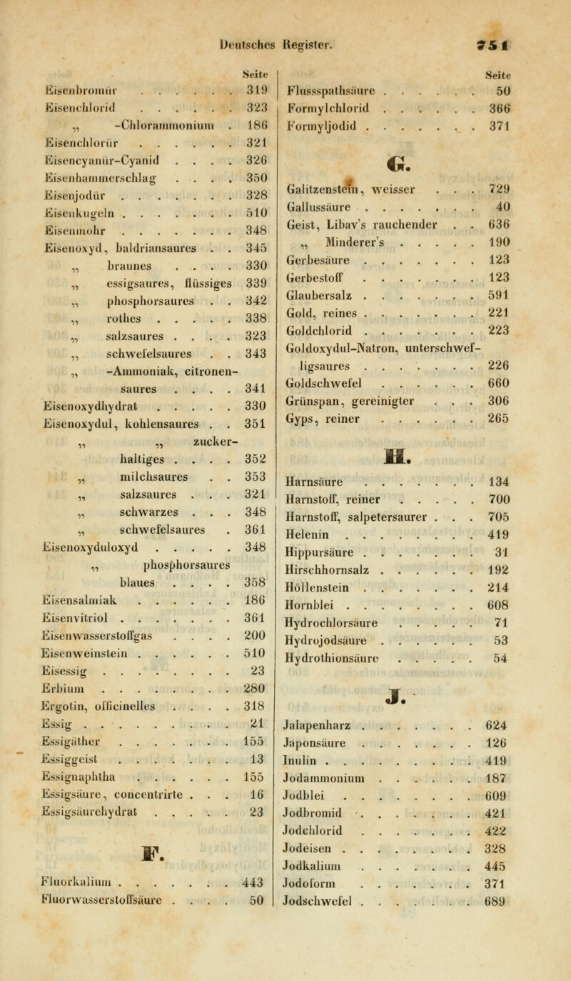 Bisenbromür Eisenchlorid „ -Chlorammonium . Eisenchlorür Eisencyanür-Cyanid . Eisenhammerschlag . Eisenjodür Eisenkugeln Eisenmohr Eisenoxyd, baldriansaures . „ braunes .... „ essigsaures, flüssiges „ phosphorsaures „ rothes „ salzsaures .... „ schwefelsaures „ -Ammoniak, citronen- saures .... Eisenoxydhydrat Eisenoxydul, kohlensaures . . „ „ zucker- haltiges .... „ milchsaures . . „ salzsaures . . . „ schwarzes . . . „ schwefelsaures Eisenoxyduloxyd „ phosphorsaures blaues .... Eisensalmiak Eisenvitriol Eisenwasserstoffgas .... Eisenweinstein Eisessig Erbium Ergotin, officinelles .... Essisr Essigäther Essiggeist Essignaphtha . Essigsäure, concentrirte . Essigsäurehydrat . . . F. Fluorkalium . . . Fluorwasserstoffsäure Seite 319 323 188 321 326 350 328 510 348 345 330 339 342 338 323 343 341 330 351 352 353 321 348 361 348 358 186 361 200 510 23 280 318 21 155 13 155 16 23 443 50 Seite Flussspathsmire 50 Formylchlorid 366 Formyljodid 371 GalitzensteTn, weisser Gallussäure . . . . ♦ Geist, Libav's rauchender „ Minderer's . . . Gerbesäure Gerbestoff Glaubersalz Gold, reines Goldchlorid Goldoxydul-Natron, unterschwef- ligsaures Goldschwefel Grünspan, gereinigter . . . Gyps, reiner 729 40 636 190 123 123 591 221 223 226 660 306 265 Harnsäure 134 Harnstoff, reiner 700 Harnstoff, salpetersaurer . . . 705 Helenin 419 Hippursäure 31 Hirschhornsalz 192 Höllenstein 214 Hornblei 608 Hydrochlorsäure 71 Hydrojodsäure 53 Hydrothionsäure 54 J. Jalapenharz 624 Japonsäure 126 Inulin 419 Jodammonium 187 Jodblei 609 Jodbromid 421 Jodchlorid 422 Jodeisen 328 Jodkalium 445 Jodoform 371 Jodschwefel 689