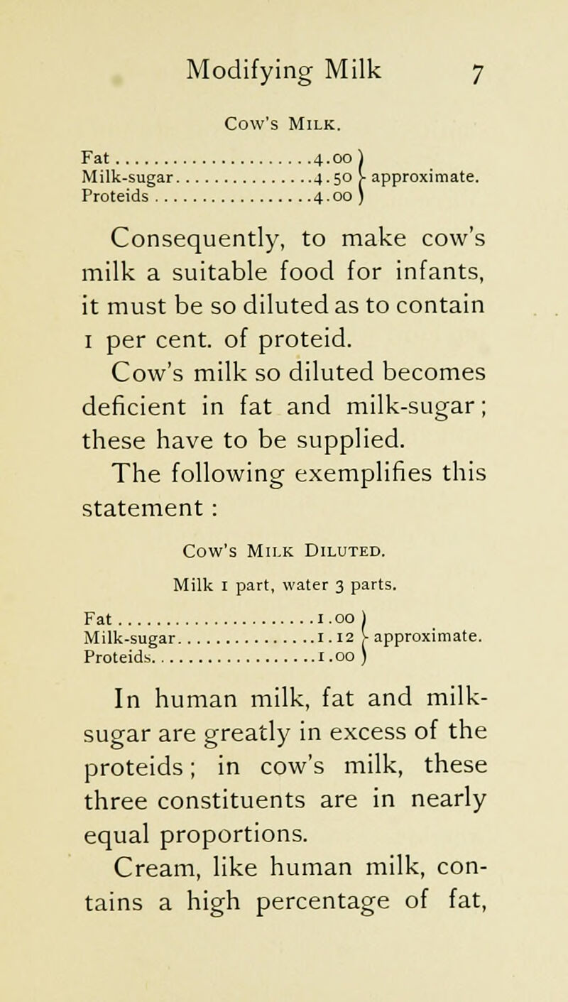 Cow's Milk. Fat 4.00 ) Milk-sugar 4-50 > approximate. Proteids 4.00 ) Consequently, to make cow's milk a suitable food for infants, it must be so diluted as to contain 1 per cent, of proteid. Cow's milk so diluted becomes deficient in fat and milk-sugar; these have to be supplied. The following exemplifies this statement : Cow's Milk Diluted. Milk 1 part, water 3 parts. Fat 1.00 1 Milk-sugar 1.12 j- approximate. Proteids t.oo ) In human milk, fat and milk- sugar are greatly in excess of the proteids; in cow's milk, these three constituents are in nearly equal proportions. Cream, like human milk, con- tains a high percentage of fat,