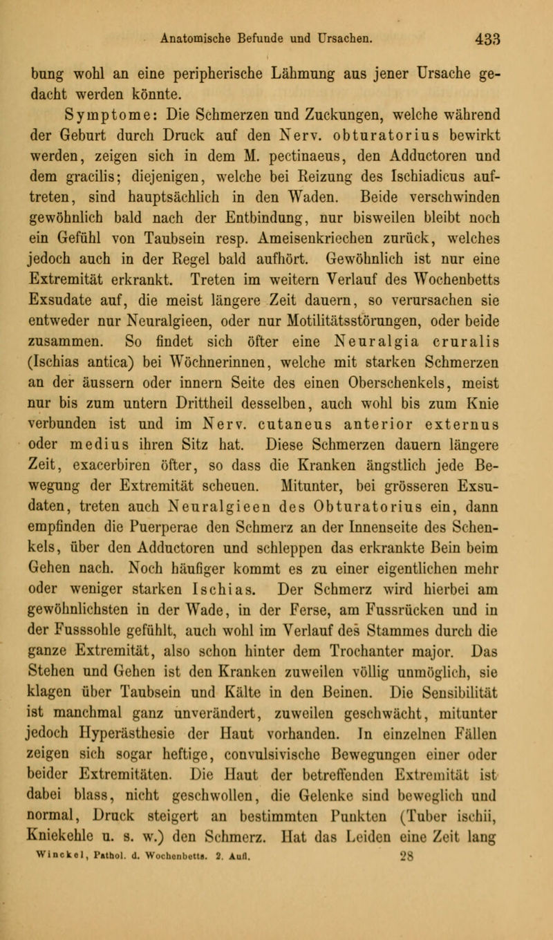 bung wohl an eine peripherische Lähmung aus jener Ursache ge- dacht werden könnte. Symptome: Die Schmerzen und Zuckungen, welche während der Geburt durch Druck auf den Nerv, obturatorius bewirkt werden, zeigen sich in dem M. pectinaeus, den Adductoren und dem gracilis; diejenigen, welche bei Reizung des Ischiadicus auf- treten, sind hauptsächlich in den Waden. Beide verschwinden gewöhnlich bald nach der Entbindung, nur bisweilen bleibt noch ein Gefühl von Taubsein resp. Ameisenkriechen zurück, welches jedoch auch in der Regel bald aufhört. Gewöhnlich ist nur eine Extremität erkrankt. Treten im weitern Verlauf des Wochenbetts Exsudate auf, die meist längere Zeit dauern, so verursachen sie entweder nur Neuralgieen, oder nur Motilitätsstörungen, oder beide zusammen. So findet sich öfter eine Neuralgia cruralis (Ischias antica) bei Wöchnerinnen, welche mit starken Schmerzen an der äussern oder innern Seite des einen Oberschenkels, meist nur bis zum untern Drittheil desselben, auch wohl bis zum Knie verbunden ist und im Nerv, cutaneus anterior externus oder medius ihren Sitz hat. Diese Schmerzen dauern längere Zeit, exacerbiren öfter, so dass die Kranken ängstlich jede Be- wegung der Extremität scheuen. Mitunter, bei grösseren Exsu- daten, treten auch Neuralgieen des Obturatorius ein, dann empfinden die Puerperae den Schmerz an der Innenseite des Schen- kels, über den Adductoren und schleppen das erkrankte Bein beim Gehen nach. Noch häufiger kommt es zu einer eigentlichen mehr oder weniger starken Ischias. Der Schmerz wird hierbei am gewöhnlichsten in der Wade, in der Ferse, am Fussrücken und in der Fusssohle gefühlt, auch wohl im Verlauf des Stammes durch die ganze Extremität, also schon hinter dem Trochanter major. Das Stehen und Gehen ist den Kranken zuweilen völlig unmöglich, sie klagen über Taubsein und Kälte in den Beinen. Die Sensibilität ist manchmal ganz unverändert, zuweilen geschwächt, mitunter jedoch Hyperästhesie der Haut vorhanden. In einzelnen Fällen zeigen sich sogar heftige, convulsivische Bewegungen einer oder beider Extremitäten. Die Haut der betreffenden Extremität ist dabei blass, nicht geschwollen, die Gelenke sind beweglich und normal, Druck steigert an bestimmten Punkten (Tuber ischii, Kniekehle u. s. w.) den Schmerz. Hat das Leiden eine Zeit lang Winckel, Pathol. d. Woohnbtttf. 2. Au/1.