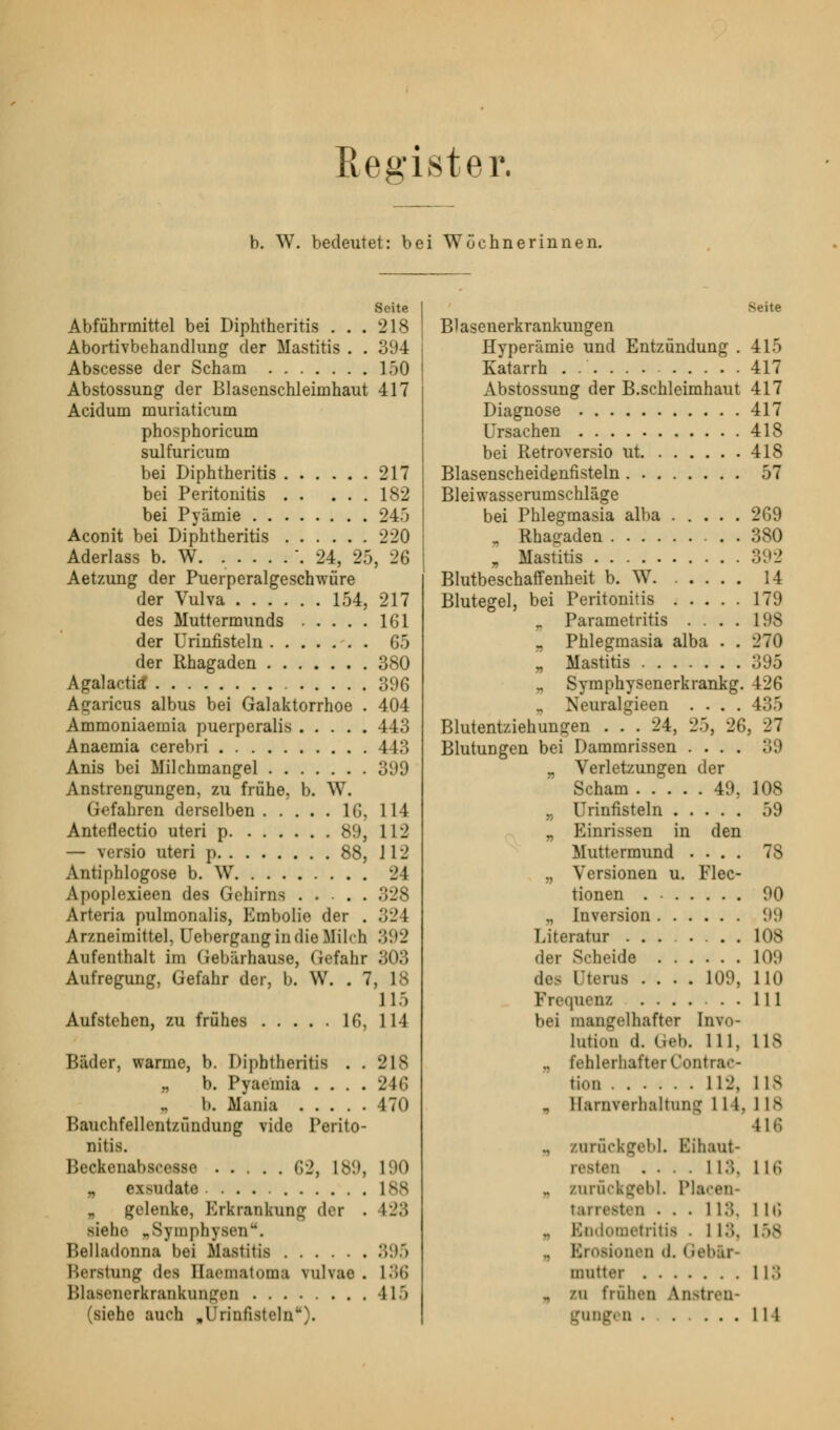 Register. b. W. bedeutet: bei Wöchnerinnen. Seite Abführmittel bei Diphtheritis ... 218 Abortivbehandlung der Mastitis . . 394 Abscesse der Scham 150 Abstossung der Blasenschleimhaut 417 Acidum muriaticum phosphoricum sulfuricum bei Diphtheritis 217 bei Peritonitis 182 bei Pyämie 245 Aconit bei Diphtheritis 220 Aderlass b. W. .....*. 24, 25, 26 Aetzung der Puerperalgeschwüre der Vulva 154, 217 des Muttermunds 161 der Urinfisteln 65 der Rhagaden 380 Agalactia* 396 Agaricus albus bei Galaktorrhoe . 404 Ammoniaemia puerperales 443 Anaemia cerebri 443 Anis bei Milchmangel 399 Anstrengungen, zu frühe, b. W. Gefahren derselben 16, 114 Anterlectio uteri p 89, 112 — versio uteri p 88, 112 Antiphlogose b. W 21 Apoplexieen des Gehirns .... 328 Arteria pulmonalis, Embolie der . 321 Arzneimittel, Uebergang in die Milch 392 Aufenthalt im Gebärhause, Gefahr 303 Aufregung, Gefahr der, b. W. . 7, 18 115 Aufstehen, zu frühes 16, 114 Bader, warme, b. Diphtheritis . . 218 „ b. Pyaemia . . . . 246 i>. Mania . .... 470 Bauchfellentzündung Tide Perito- nitis. Beekenabaeeaae 62, 189, L90 „ exsudate 188 „ gelenke, Erkrankung der . 128 siehe „Symphysen0. Belladonna bei Mastitis 395 Beratung des Baematoma vulvae. L36 BlaaenerkranknngeD 415 (siehe auch .Urinfisteln*). Seite Blasenerkrankungen Hyperämie und Entzündung . 415 Katarrh . .' 417 Abstossung der B.Schleimhaut 417 Diagnose 417 Ursachen 418 bei Retroversio ut 418 Blasenscheidenfisteln 57 Bleiwasserumschläge bei Phlegmasia alba 269 „ Rhagaden 380 „ Mastitis 392 Blutbeschaffenheit b. W 14 Blutegel, bei Peritonitis 179 _ Parametritis .... 198 _ Phlegmasia alba . . 270 „ Mastitis 395 „ Symphysenerkrankg. 126 „ Neuralgieen .... 435 Blutentziehungen . . . 24, 25, 26, 27 Blutungen bei Dammrissen .... 39 „ Verletzungen der Scham 49, 108 „ Urinfisteln 59 „ Einrissen in den Muttermund .... 78 „ Versionen u. Flec- tionen 90 ., Inversion 99 Literatur 108 der Scheide 109 des Uterus .... 109, 110 Frequenz 111 bei mangelhafter Invo- lution d. Geb. 111, 118 .. fehlerhafter Contrae- tiuu 112, lis i Harnverhaltung 111. 118 •in; ., Eurnckgebl. Kihaut- . ... 118, 116 „ roräckgebl. Pia tarreaten ... 118, 116 „ Endometritia . 118, IM .. Broaionen d. Gebar- mutter 11.. , EU frühen Anstren- gung« n lli