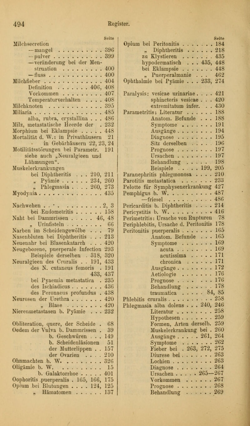 Seite Milcbsecretion — maugel 396 — pulver 399 —Veränderung bei der Men- struation 400 -riuss 400 Milchfieber 404 Definition 406, 408 Vorkommen 407 Temperaturverhalten .... 408 Milchknoten 395 Miliaria 485 alba, rubra, crystallina . . . 486 Milz, metastatische Heerde der . 232 Morphium bei Eklampsie 448 Mortalität d. W.: in Privathäusern 21 in Gebärhäusern 22, 23, 24 Motilitätsstörungen bei Parametr. 191 siehe auch „Neuralgieen und Lähmungen. Muskelerkrankungen bei Diphtheritis . . . 210, 211 „ Pyämie 234, 260 „ Phlegmasia .... 260, 273 Myodynia * 435 Nachwehen . . * 2, 3 bei Endometritis 158 Naht bei Dammrissen 46, 48 „ Urinfisteln 66 Narben im Scheidengewölbe ... 79 Nasenbluten bei Diphtheritis . . . 213 Neueuahr bei Blasenkatarrh . . . 420 Neugeborene, puerperale Infection 293 Beispiele derselben . 318, 320 Neuralgieen des Cruralis . . 191, 433 des N. cutaneus femoris . 191 433, 437 bei Pyaemia metastatica . 235 des Ischiadicus 436 des Peronaeus profundus . 438 Neurosen der Urethra 420 „ Blase 420 Nierenmetastasen b. Pyämie . . . 232 Obliteration, quere, der Scheide . 68 Oedem der Vulva b. Dammrissen . 39 b. Geschwüren . . . 149 b. Scheidenläsionen 51 der Mutterlippen . . 157 der Ovarien .... 210 Ohnmächten b. W 326 Oligämie b. W 15 b. Galaktorrhoe 401 Oophoritis puerperalis . 165, 166, 175 Opium bei Blutungen . . . . 124, 125 „ Hämatomen 137 Seite Opium bei Peritonitis 184 „ Diphtheritis 218 zu Klystieren 435 hypodermatisch . . . 435, 448 bei Eklampsie 448 „ Puerperalmanie . . . 462 Ophthalmie bei Pyämie . . . 233, 274 Paralysis: vesicae urinariae . ... 421 sphincteris vesicae . . . 420 extremitatum infer. . . 430 Parametritis; Literatur 188 Anatom. Befunde ... 188 Symptome 191 Ausgänge 194 Diagnose 195 Sitz derselben 196 Prognose 197 Ursachen 197 Behandlung 198 Beispiele 199, 205 Paranephritis phlegmonosa .... 210 Parotitis metastatica 233 Pelotte für Symphysenerkrankung 427 Pemphigus b. W 487 —friesel 486 Pericarditis b. Diphtheritis .... 214 Pericystitis b. W 416 Perimetritis: Ursache von Rupturen 78 Periphlebitis, Ursache d. Peritonitis 178 Peritonitis puerperalis 165 Anatom. Befunde ... 165 Symptome 169 acuta 169 acutissima 171 chronica 171 Ausgänge . . 172 Aetiologie 176 Prognose 176 Behandlung 178 traumatica 84, 85 Phlebitis cruralis 258 Phlegmasia alba dolens . . . 240, 246 Literatur .258 Hypothesen 259 Formen, Arten derselb. 259 Muskelerkrankung bei . 260 Ausgänge 261, 264 Symptome 262 Fieber bei . 263, 272, 275 Diurese bei 263 Lochien 263 Diagnose . 264 Ursachen 265—267 Vorkommen 267 Prognose 268 Behandlung 269