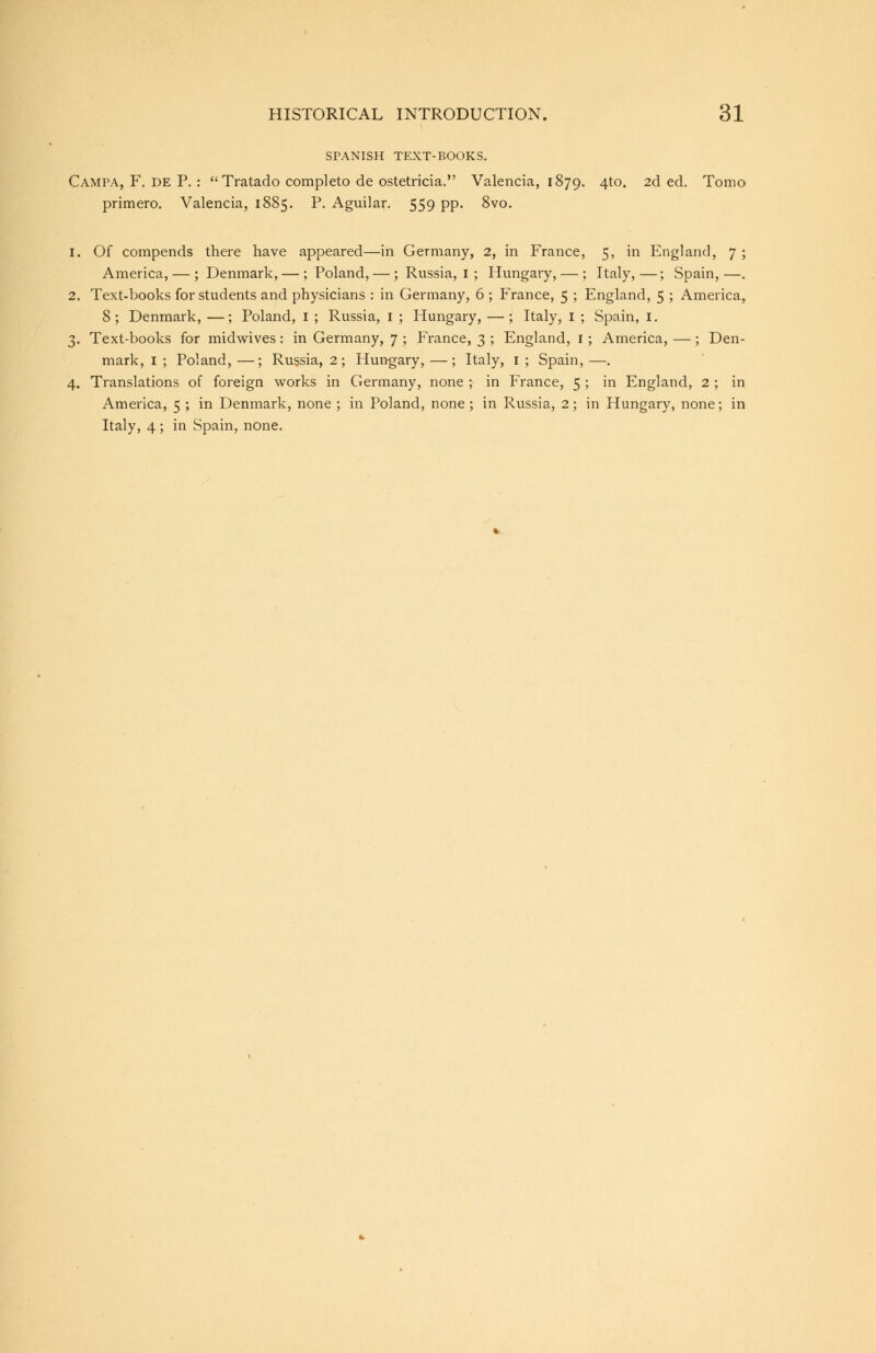 SPANISH TEXT-BOOKS. Campa, F. de P. : Tratado completo de ostetricia. Valencia, 1879. 4to. 2d ed. Tomo primero. Valencia, 1885. P. Aguilar. 559 pp. 8vo. 1. Of compends there have appeared—in Germany, 2, in France, 5, in England, 7 ; America, — ; Denmark, — ; Poland, — ; Russia, I ; Hungary, — ; Italy,—; Spain,—. 2. Text-books for students and physicians : in Germany, 6 ; France, 5 ; England, 5 ; America, 8; Denmark, —; Poland, I ; Russia, I ; Hungary, —; Italy, I ; Spain, I. 3. Text-books for midwives: in Germany, 7 ; FYance, 3 ; England, I ; America, —; Den- mark, I ; Poland, —; Russia, 2; Hungary, —; Italy, I ; Spain, —. 4. Translations of foreign works in Germany, none ; in France, 5 ; in England, 2 ; in America, 5 ; in Denmark, none ; in Poland, none ; in Russia, 2; in Hungary, none; in Italy, 4 ; in Spain, none.