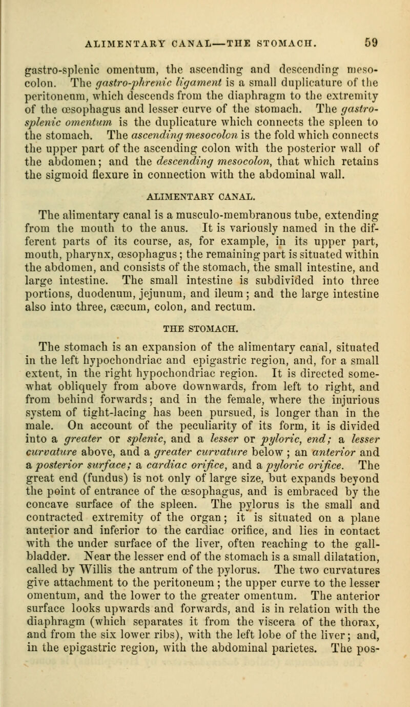 gastro-splenic omentum, the ascending and descending meso- colon. The gastro-phrenic ligament is a small duplicature of the peritoneum, which descends from the diaphragm to the extremity of the oesophagus and lesser curve of the stomach. The gastro- splenic omentum is the duplicature which connects the spleen to the stomach. The ascending mesocolon is the fold which connects the upper part of the ascending colon with the posterior wall of the abdomen; and the descending mesocolon, that which retains the sigmoid flexure in connection with the abdominal wall. ALIMENTARY CANAL. The alimentary canal is a musculo-membranous tube, extending from the mouth to the anus. It is variously named in the dif- ferent parts of its course, as, for example, in its upper part, mouth, pharynx, oesophagus; the remaining part is situated within the abdomen, and consists of the stomach, the small intestine, and large intestine. The small intestine is subdivided into three portions, duodenum, jejunum, and ileum; and the large intestine also into three, caecum, colon, and rectum. THE STOMACH. The stomach is an expansion of the alimentary canal, situated in the left hypochondriac and epigastric region, and, for a small extent, in the right hypochondriac region. It is directed some- what obliquely from above downwards, from left to right, and from behind forwards; and in the female, where the injurious system of tight-lacing has been pursued, is longer than in the male. On account of the peculiarity of its form, it is divided into a greater or splenic, and a lesser or pyloric, end; a lesser curvature above, and a greater curvature below ; an anterior and 2i, posterior surface; a cardiac orifice, and a pyloric orifice. The great end (fundus) is not only of large size, but expands beyond the point of entrance of the oesophagus, and is embraced by the concave surface of the spleen. The pylorus is the small and contracted extremity of the organ; it is situated on a plane anterior and inferior to the cardiac orifice, and lies in contact with the under surface of the liver, often reaching to the gall- bladder. Near the lesser end of the stomach is a small dilatation, called by Willis the antrum of the pylorus. The two curvatures give attachment to the peritoneum ; the upper curve to the lesser omentum, and the lower to the greater omentum. The anterior surface looks upwards and forwards, and is in relation with the diaphragm (which separates it from the viscera of the thorax, and from the six lower ribs), with the left lobe of the liver; and, in the epigastric region, with the abdominal parietes. The pos-