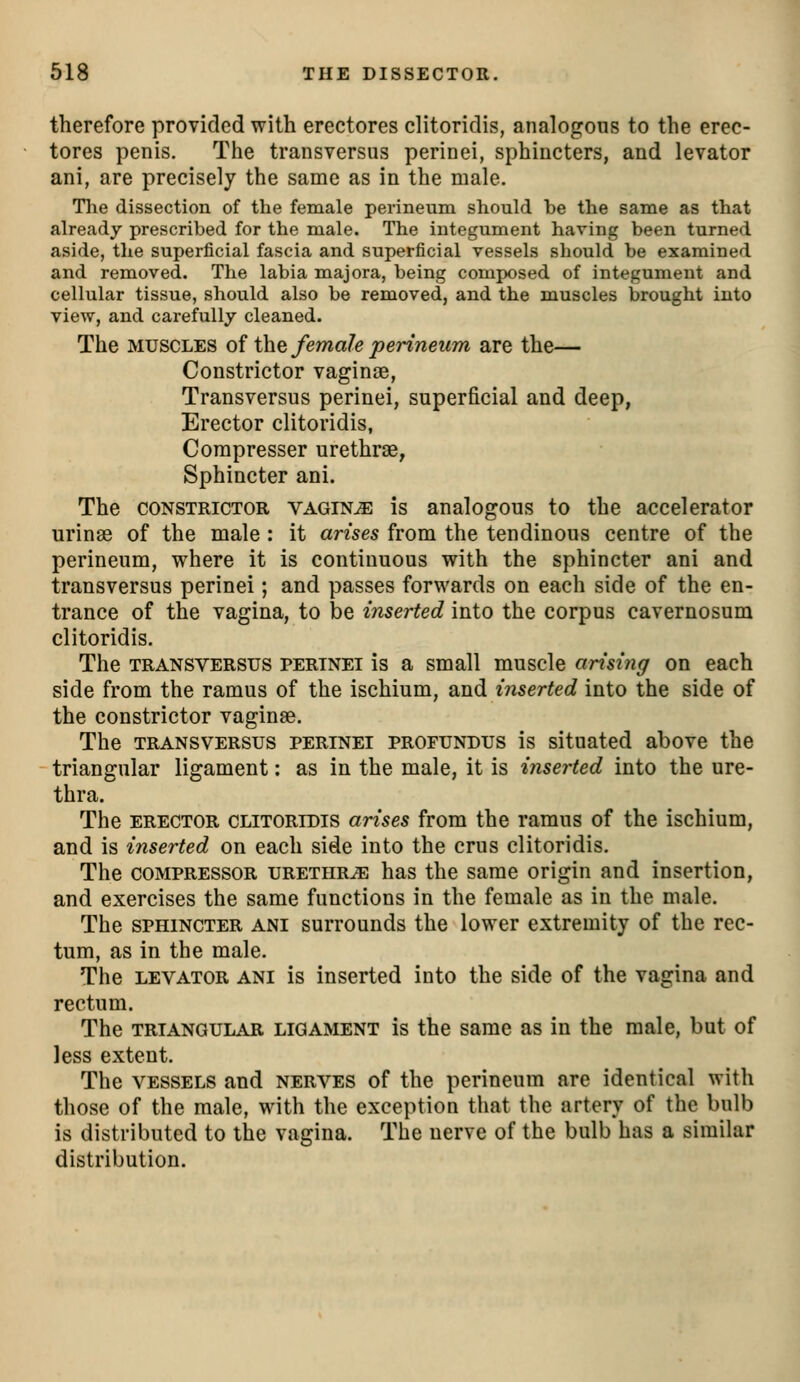 therefore provided with erectores clitoridis, analogous to the erec- tores penis. The transversus perinei, sphincters, and levator ani, are precisely the same as in the male. The dissection of the female perineum should be the same as that already prescribed for the male. The integument having been turned aside, the superficial fascia and superficial vessels should be examined and removed. The labia majora, being composed of integument and cellular tissue, should also be removed, and the muscles brought into view, and carefully cleaned. The MUSCLES of the female perineum are the— Constrictor vaginae, Transversus perinei, superficial and deep, Erector clitoridis, Corapresser urethras, Sphincter ani. The CONSTRICTOR VAGINA is analogous to the accelerator urinae of the male : it arises from the tendinous centre of the perineum, where it is continuous with the sphincter ani and transversus perinei; and passes forwards on each side of the en- trance of the vagina, to be inserted into the corpus cavernosum clitoridis. The TRANSVERSUS PERINEI is a small muscle arising on each side from the ramus of the ischium, oxi^ inserted into the side of the constrictor vaginae. The TRANSVERSUS PERINEI PROFUNDUS is sitoatcd above the triangular ligament: as in the male, it is inserted into the ure- thra. The ERECTOR CLITORIDIS arises from the ramus of the ischium, and is inserted on each side into the crus clitoridis. The COMPRESSOR URETHRiE has the same origin and insertion, and exercises the same functions in the female as in the male. The SPHINCTER ANI surrounds the lower extremity of the rec- tum, as in the male. The LEVATOR ANI is inserted into the side of the vagina and rectum. The TRIANGULAR LIGAMENT Is the samc as in the male, but of less extent. The VESSELS and nerves of the perineum are identical with those of the male, with the exception that the artery of the bulb is distributed to the vagina. The nerve of the bulb has a similar distribution.