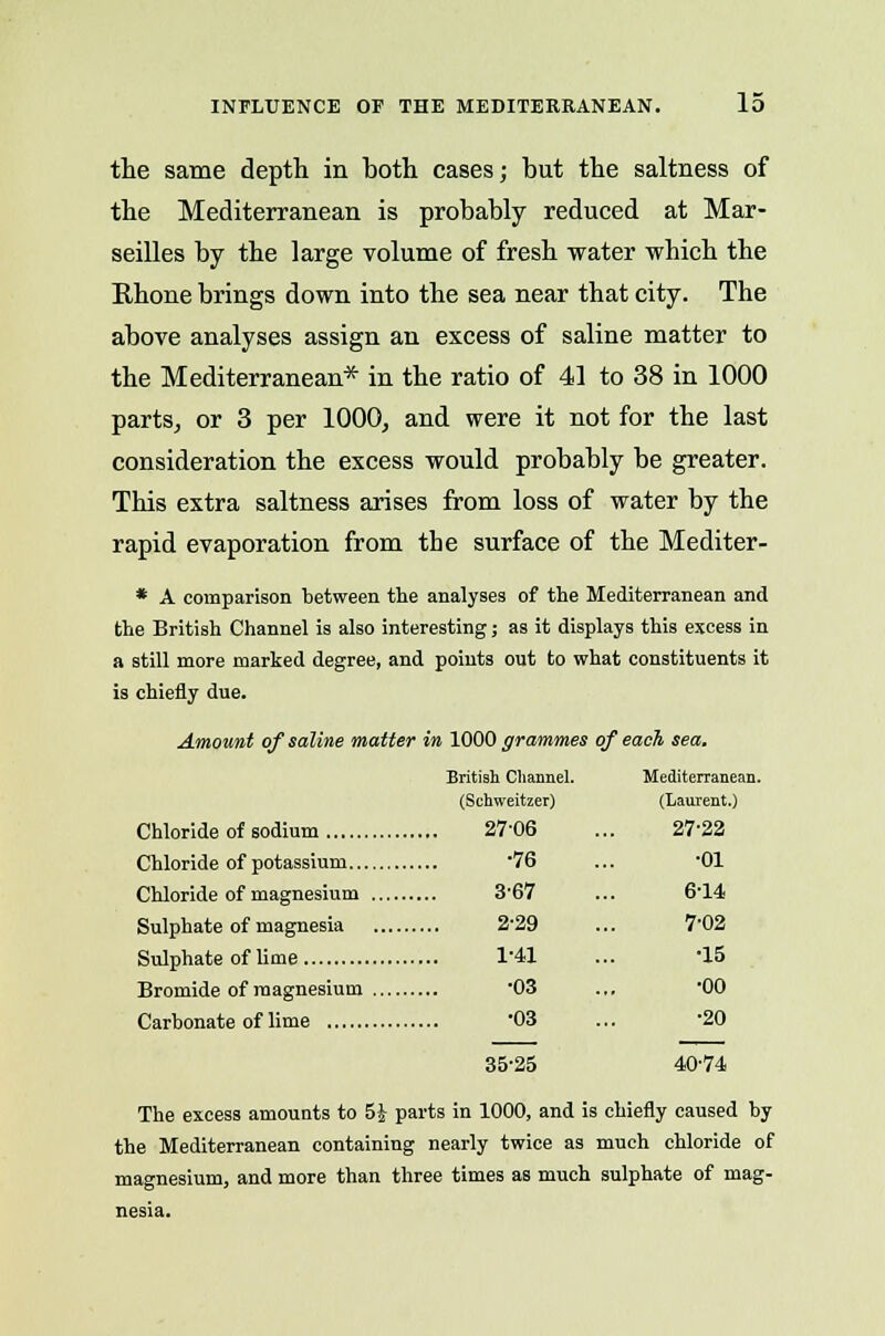 the same depth in both cases; but the saltness of the Mediterranean is probably reduced at Mar- seilles by the large volume of fresh water which the Rhone brings down into the sea near that city. The above analyses assign an excess of saline matter to the Mediterranean* in the ratio of 41 to 38 in 1000 parts, or 3 per 1000, and were it not for the last consideration the excess would probably be greater. This extra saltness arises from loss of water by the rapid evaporation from the surface of the Mediter- * A comparison between the analyses of the Mediterranean and the British Channel is also interesting; as it displays this excess in a still more marked degree, and points out to what constituents it is chiefly due. Amount of saline matter in 1000 grammes of each sea. British Channel. Mediterran (Schweitzer) (Laurent 27-06 27-22 •76 •01 3-67 6-14 2-29 7-02 1-41 •15 •03 •00 •03 •20 35-25 40-74 The excess amounts to 5| parts in 1000, and is chiefly caused by the Mediterranean containing nearly twice as much chloride of magnesium, and more than three times as much sulphate of mag- nesia.