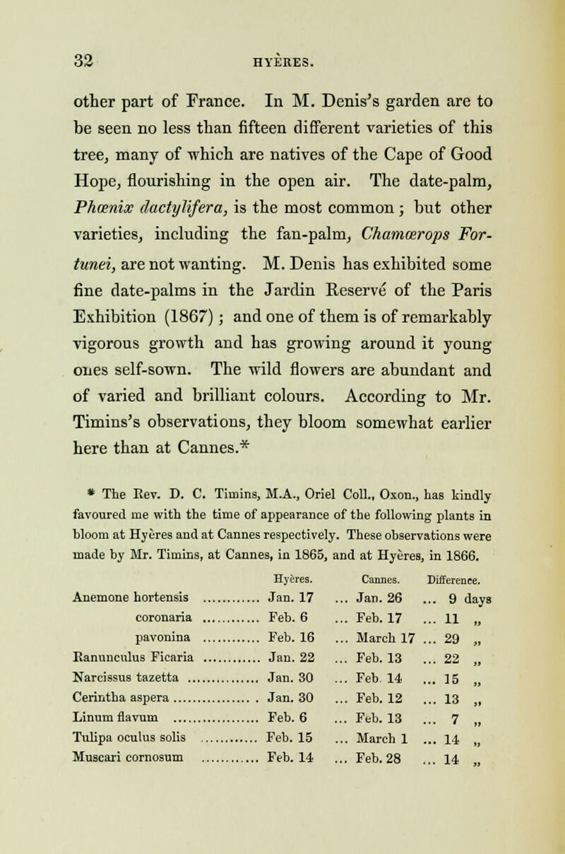 other part of France. In M. Denis's garden are to be seen no less than fifteen different varieties of this tree, many of which are natives of the Cape of Good Hope, flourishing in the open air. The date-palm, Phoenix dactylifera, is the most common; but other varieties, including the fan-palm, Chamcerops For- tunei, are not wanting. M. Denis has exhibited some fine date-palms in the Jardin Reserve of the Paris Exhibition (1867); and one of them is of remarkably vigorous growth and has growing around it young ones self-sown. The wild flowers are abundant and of varied and brilliant colours. According to Mr. Timins's observations, they bloom somewhat earlier here than at Cannes.* * The Rev. D. C. Tiniins, M.A., Oriel Coll., Oxon., has kindly favoured me with the time of appearance of the following plants in bloom at Hyeres and at Cannes respectively. These observations were made by Mr. Timins, at Cannes, in 1865, and at Hyeres, in 1866. Hyeres. Cannes. Difference. Anemone hortensis Jan. 17 coronaria Feb. 6 pavonina Feb. 16 Ranunculus Ficaria Jan. 22 Narcissus tazetta Jan. 30 Cerintha aspera Jan. 30 Linum flavum Feb. 6 Tulipa oculus solis Feb. 15 Muscari cornosum Feb. 14 ... Jan. 26 .. 9 days ... Feb. 17 • • 11 ., ... March 17 .. 29 „ .. Feb. 13 • • 22 „ .. Feb. 14 •• 15 „ ... Feb. 12 .. 13 „ .. Feb. 13 .. 7 „ ... March 1 • • 14 „ .. Feb. 28 •■ 14 „